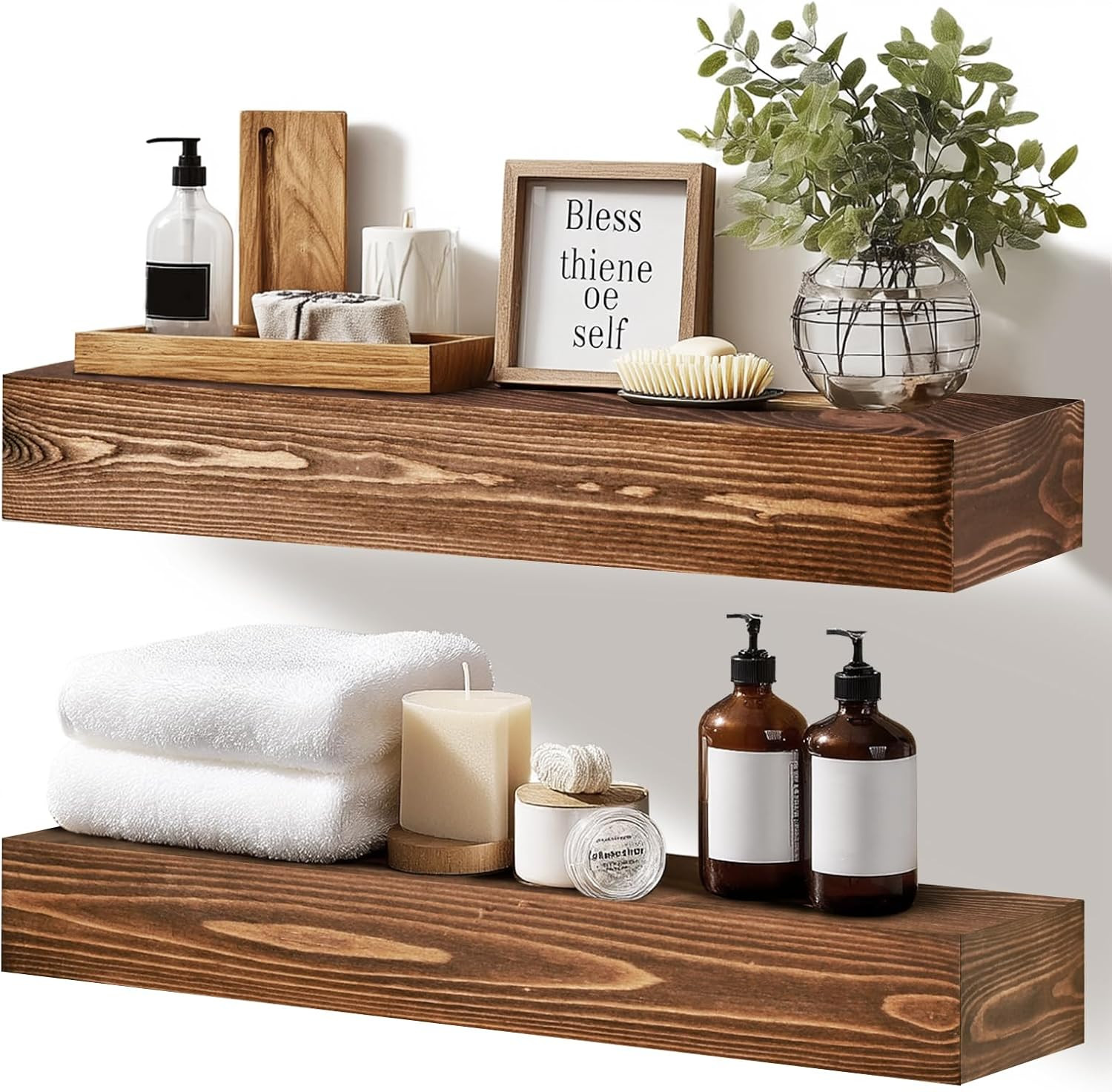 17X3X7 Inch Floating Shelves Wall Mounted – Set of 2 Brown Rustic Solid Wood
