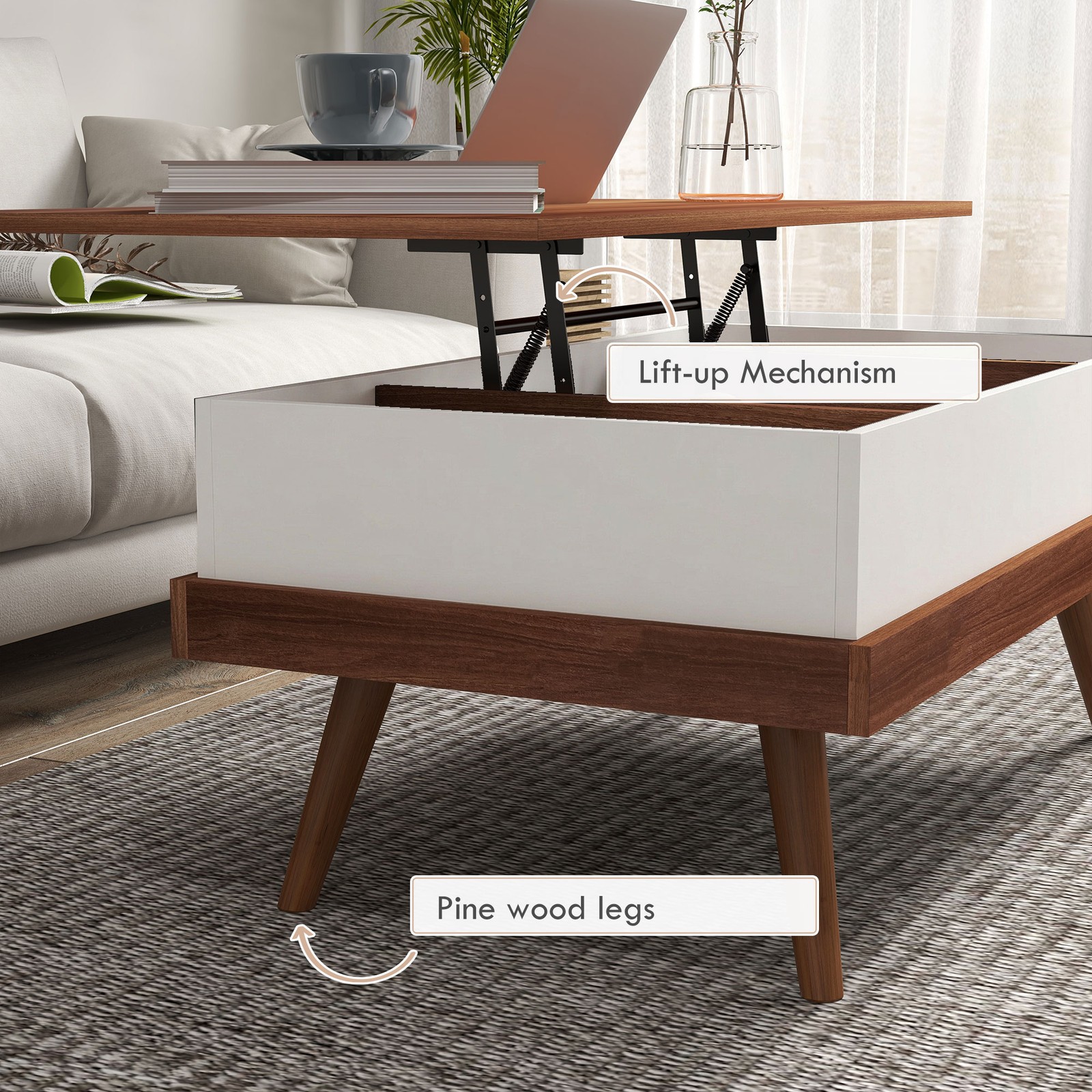 HOMCOM Lift Top Coffee Table with Hidden Compartments and Wood Legs, Walnut