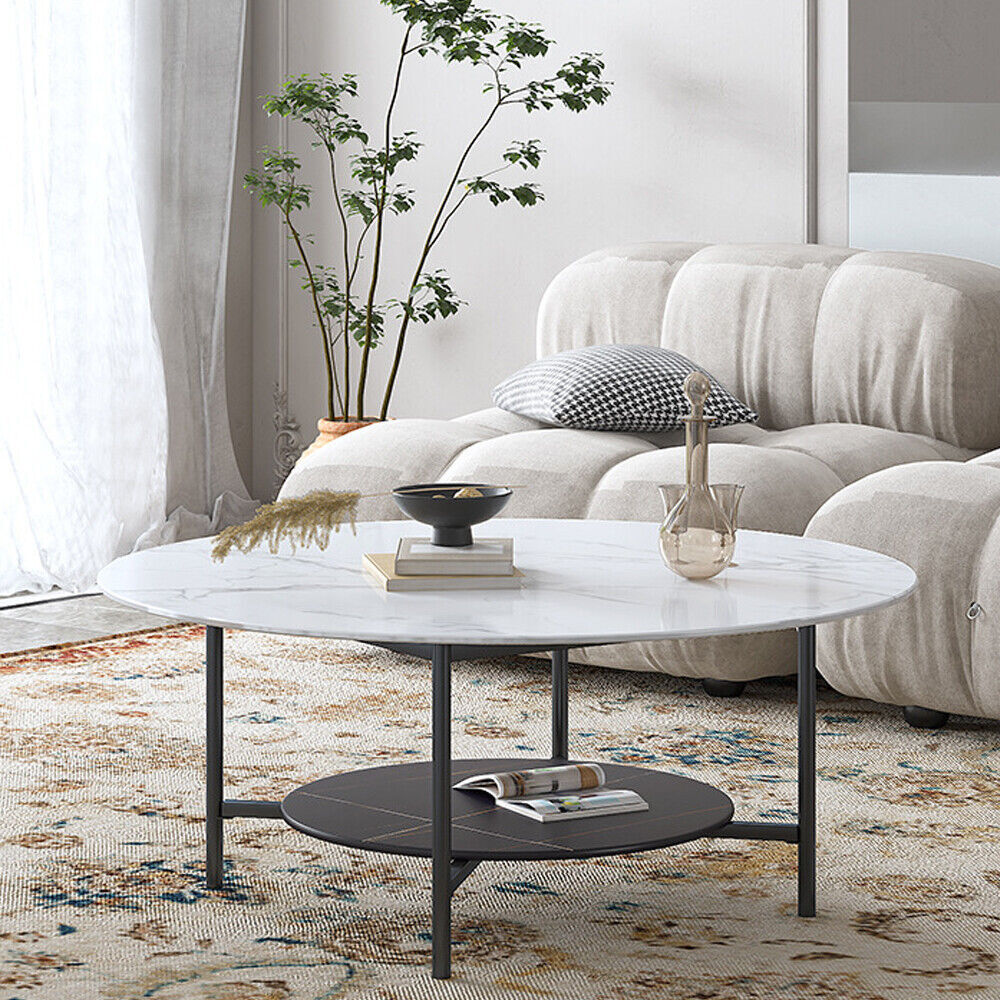 Round White Marble Coffee Table 2 Tier Center Table Bottom Shelf Home Furniture
