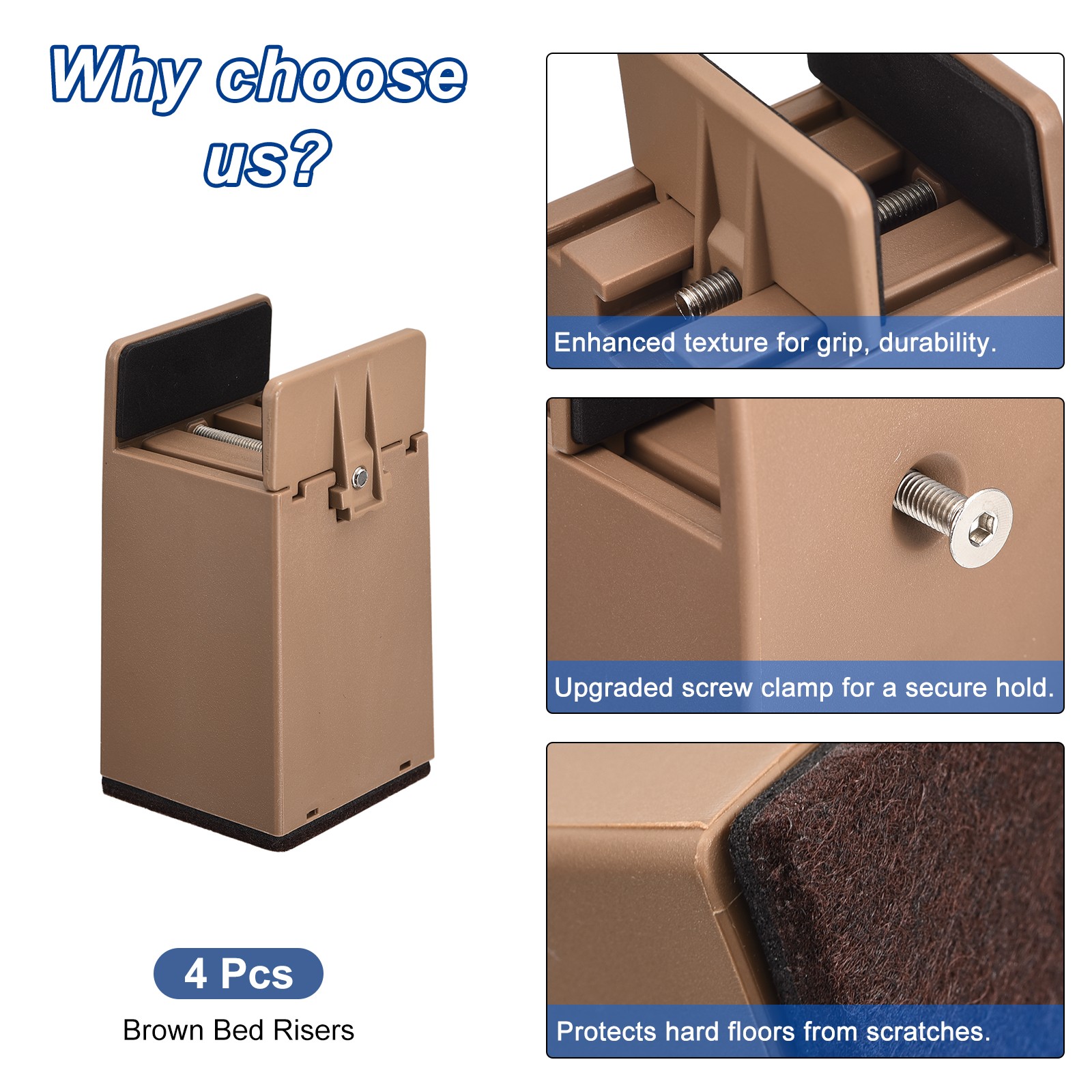 4Pcs 4″ Bed Risers w/ Adjustable Screw Clamp Supports 5000 Pounds Brown
