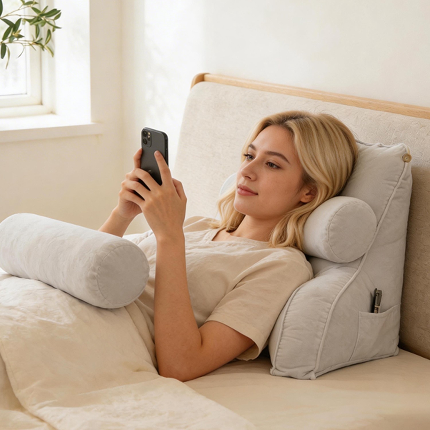 The reading pillow has a waist support, an armrest, and a neck support.
