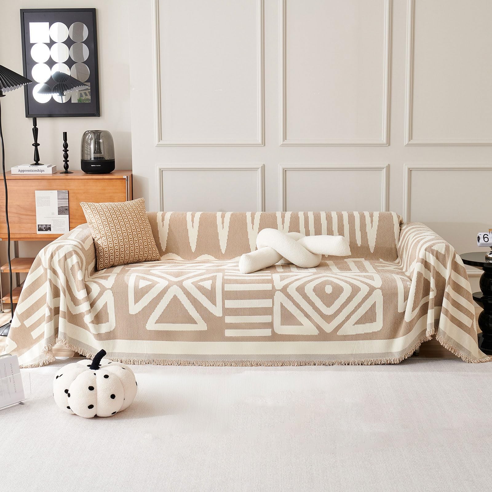 Couch Cover, Boho Tribal Geometric Sofa Cover, Beige-White, 91X150