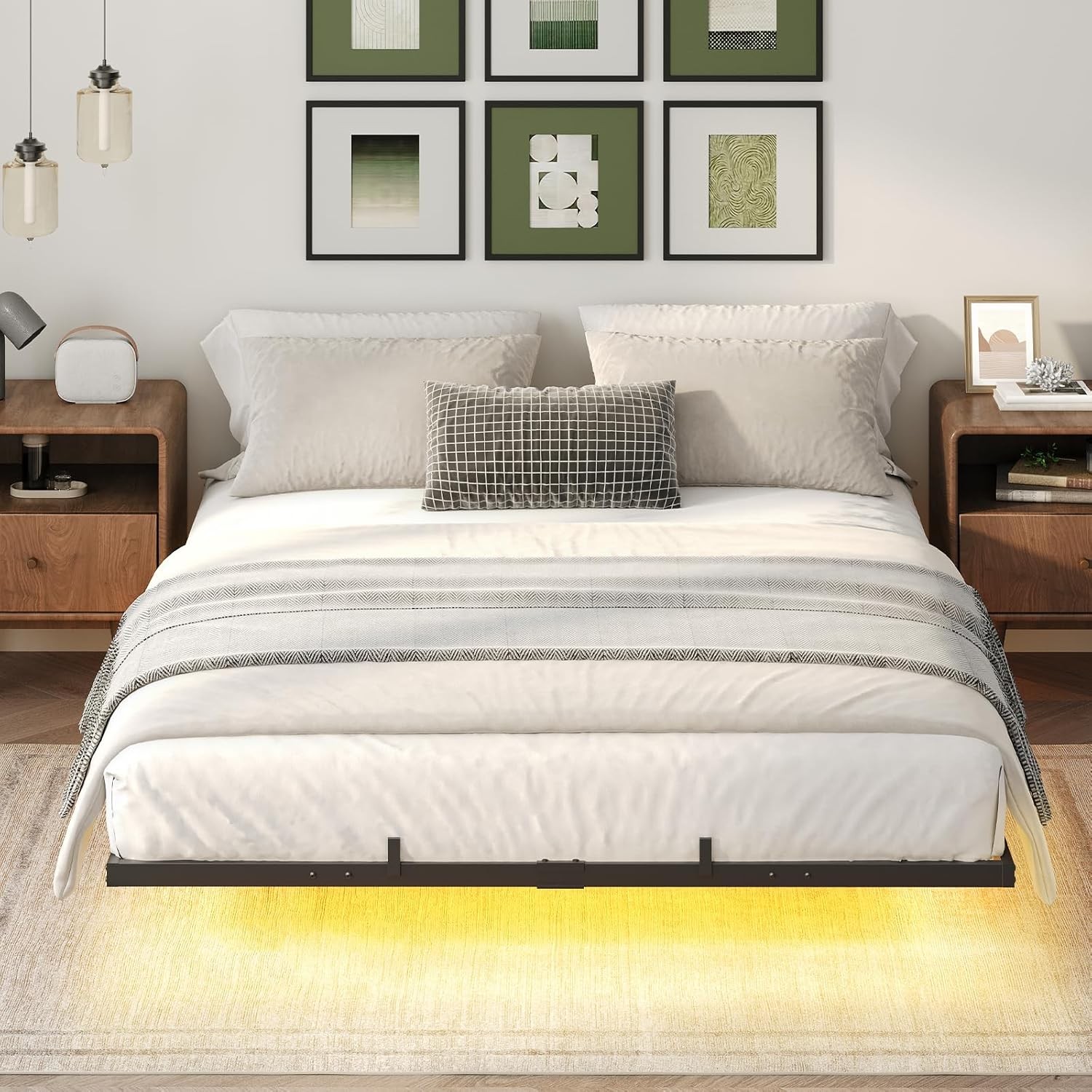 Full Size Floating Bed Frame with LED Lights Charging Ports Metal Platform Black