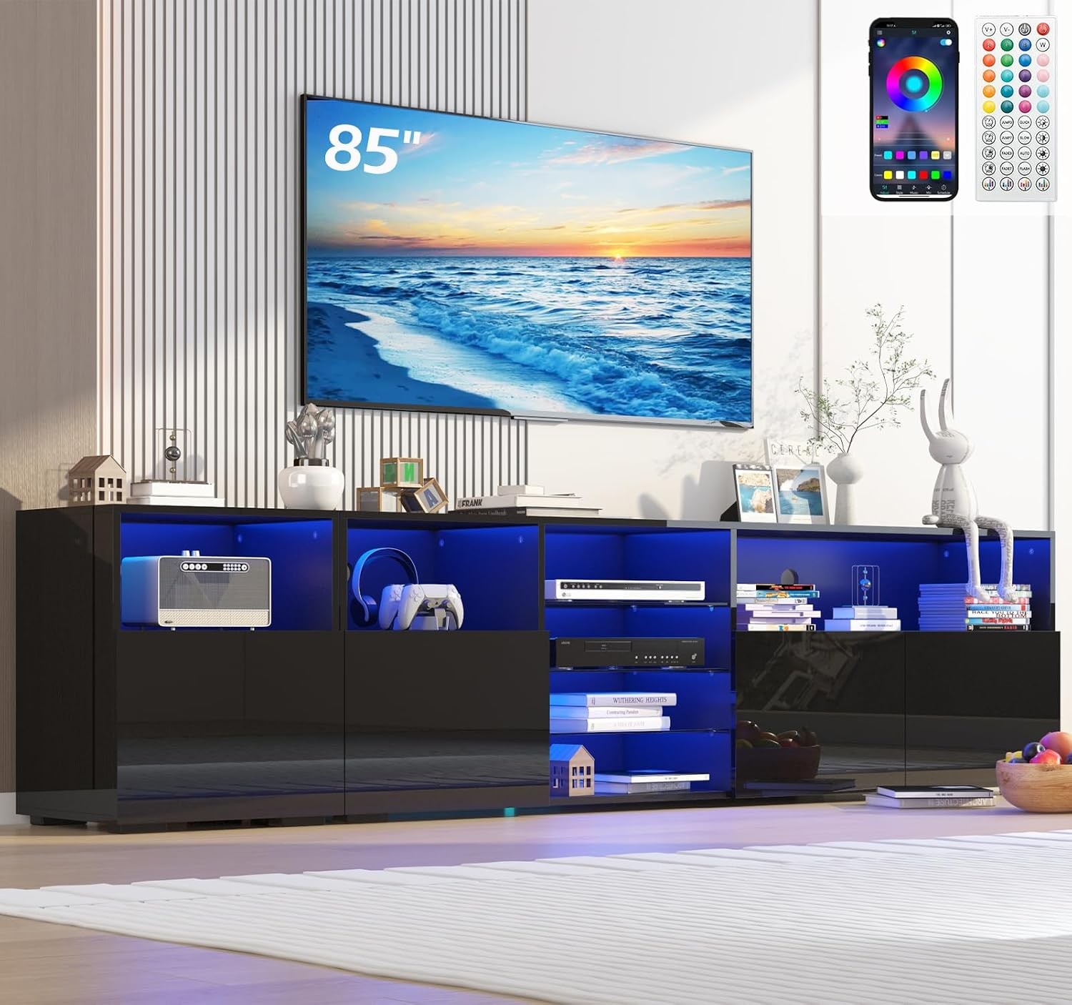 79IN LED TV Stand for 75/80/85inch TV,High Glossy Modern TV Stand for Living