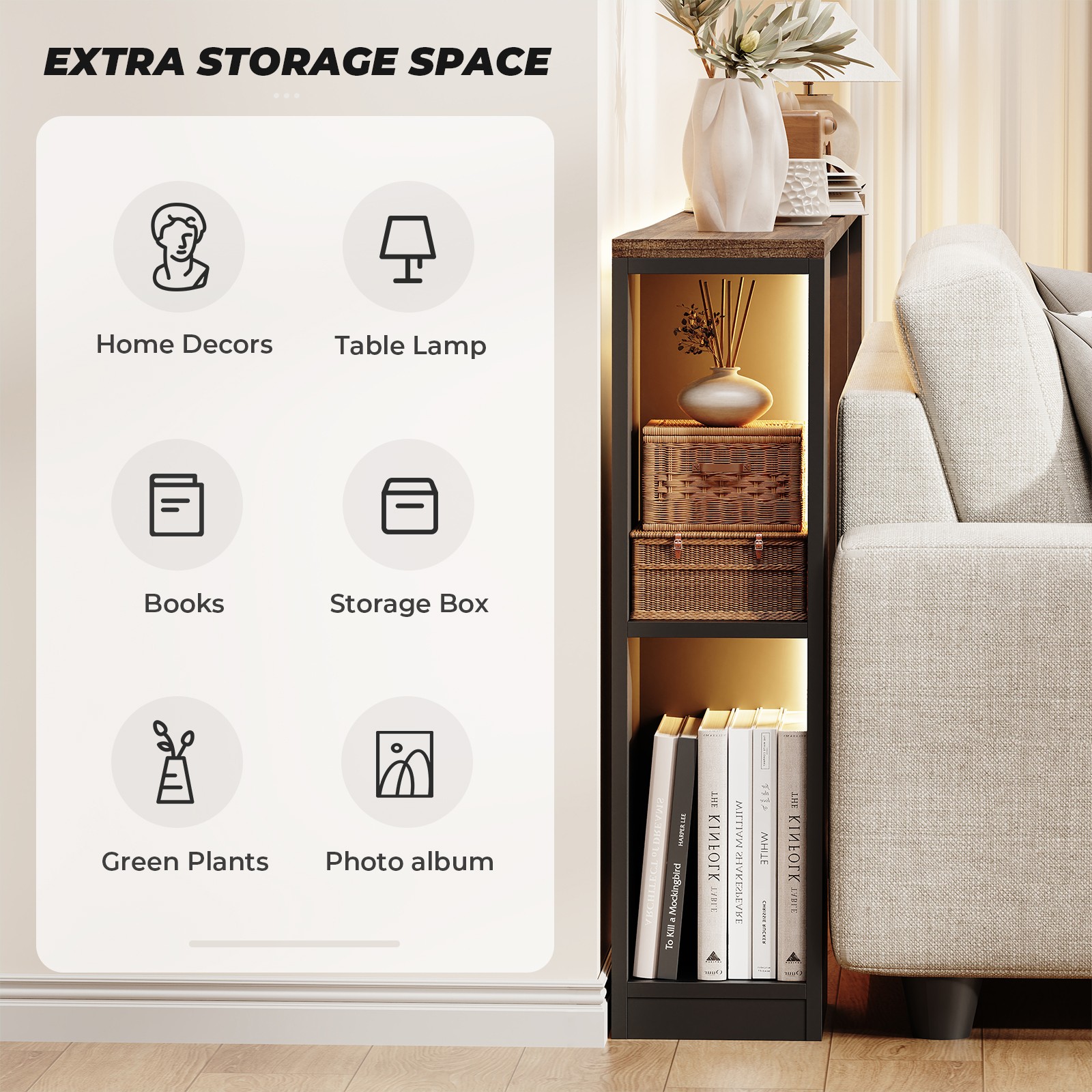 BROTTAR 79“ LED Lighted Behind Couch Table with Side Storage & Built-in Outlets