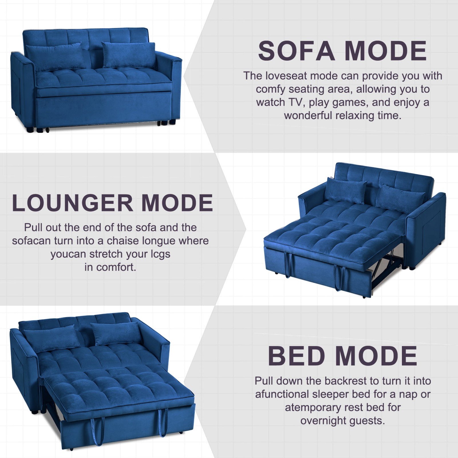 3 in 1 Convertible Sleeper Sofa Pull Out Bed Loveseat Couch Adjustable Backrest