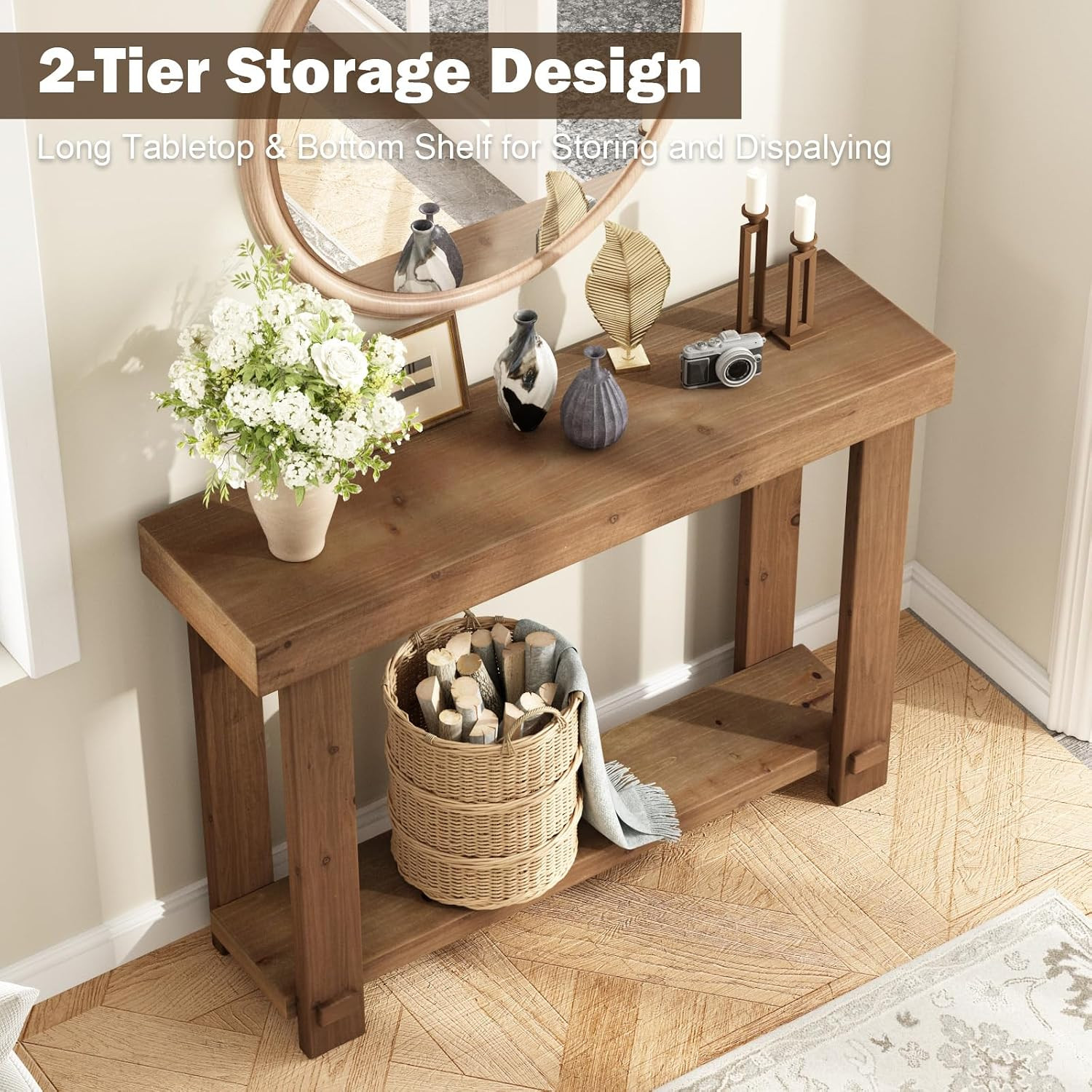 42.5″ Solid Wood Console Table with Storage Shelf for Entryway or Living Room