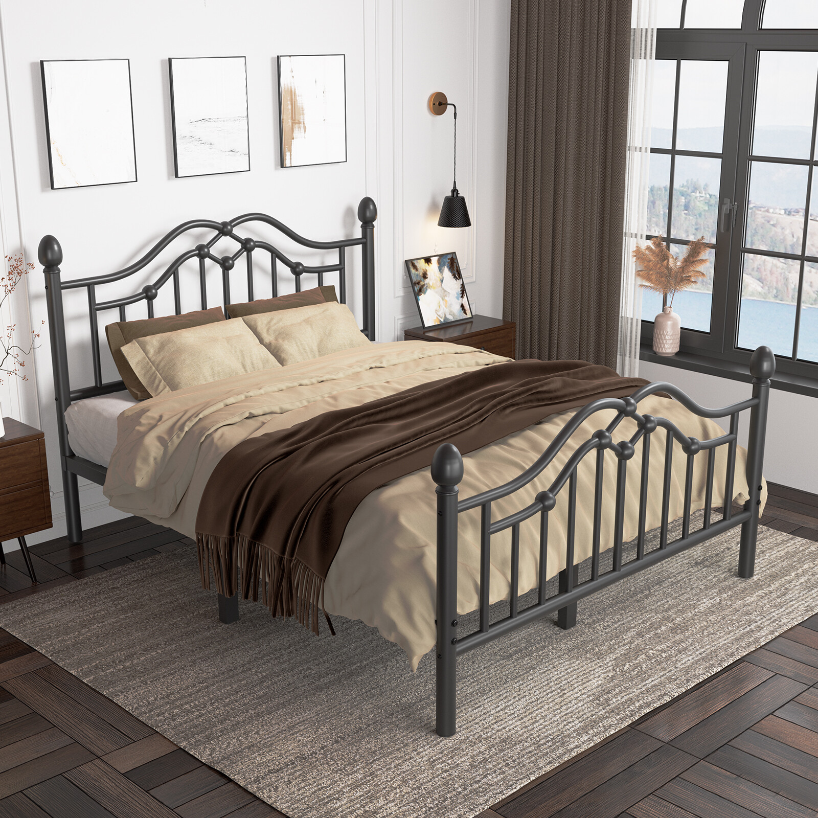 Metal Twin/Full/Queen Size Bed Frame with Headboard and Footboard,Black/White
