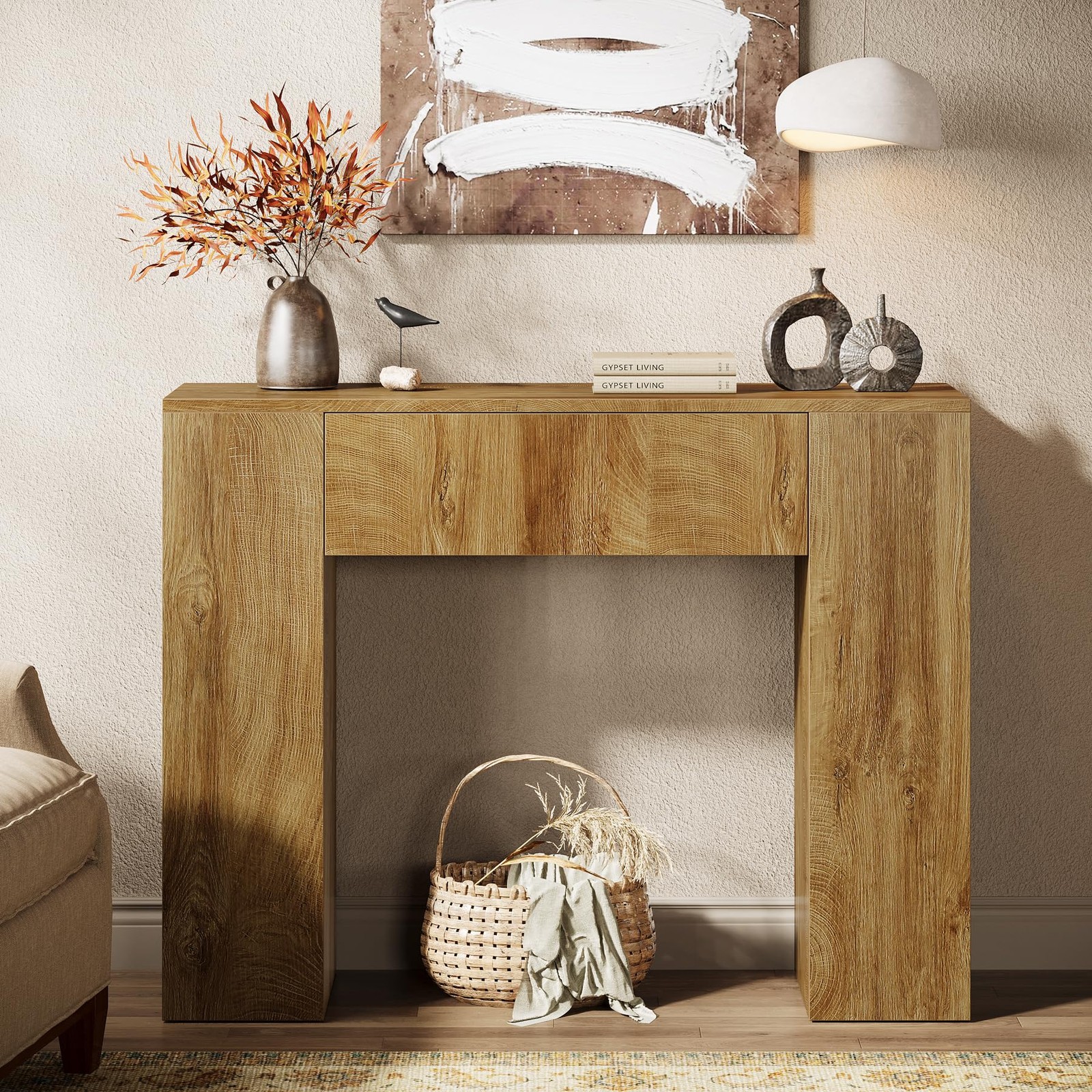 39″ Farmhouse Narrow Console Table with Drawer Natural Brown