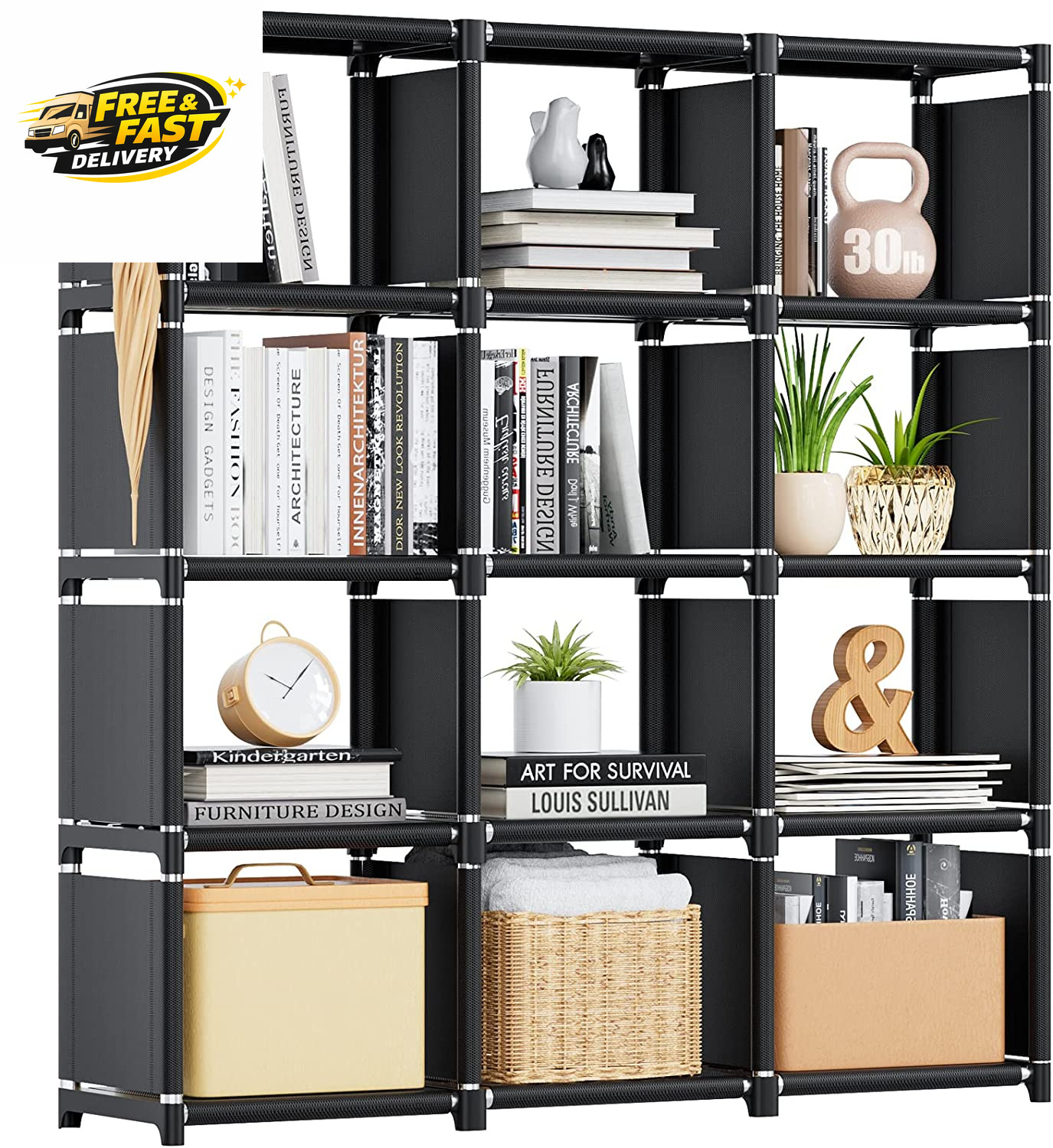 Book Shelf, 12 Cube Storage Organizer, DIY Bookcase, Metal Bookshelf,Tall Book C