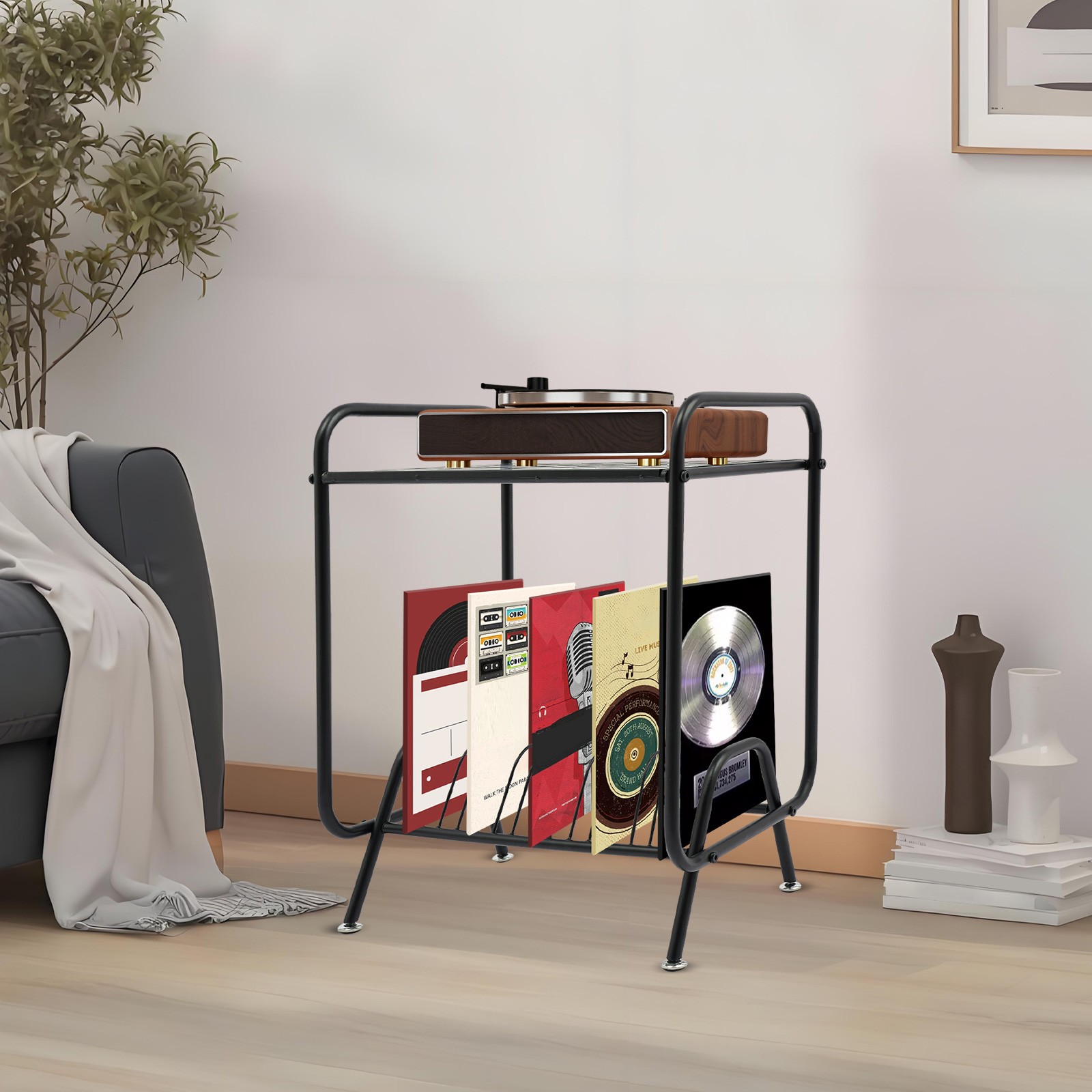 2-Tier Metal Record Player Stand with 16 Slot CD/DVD Storage Holder Book Shelf