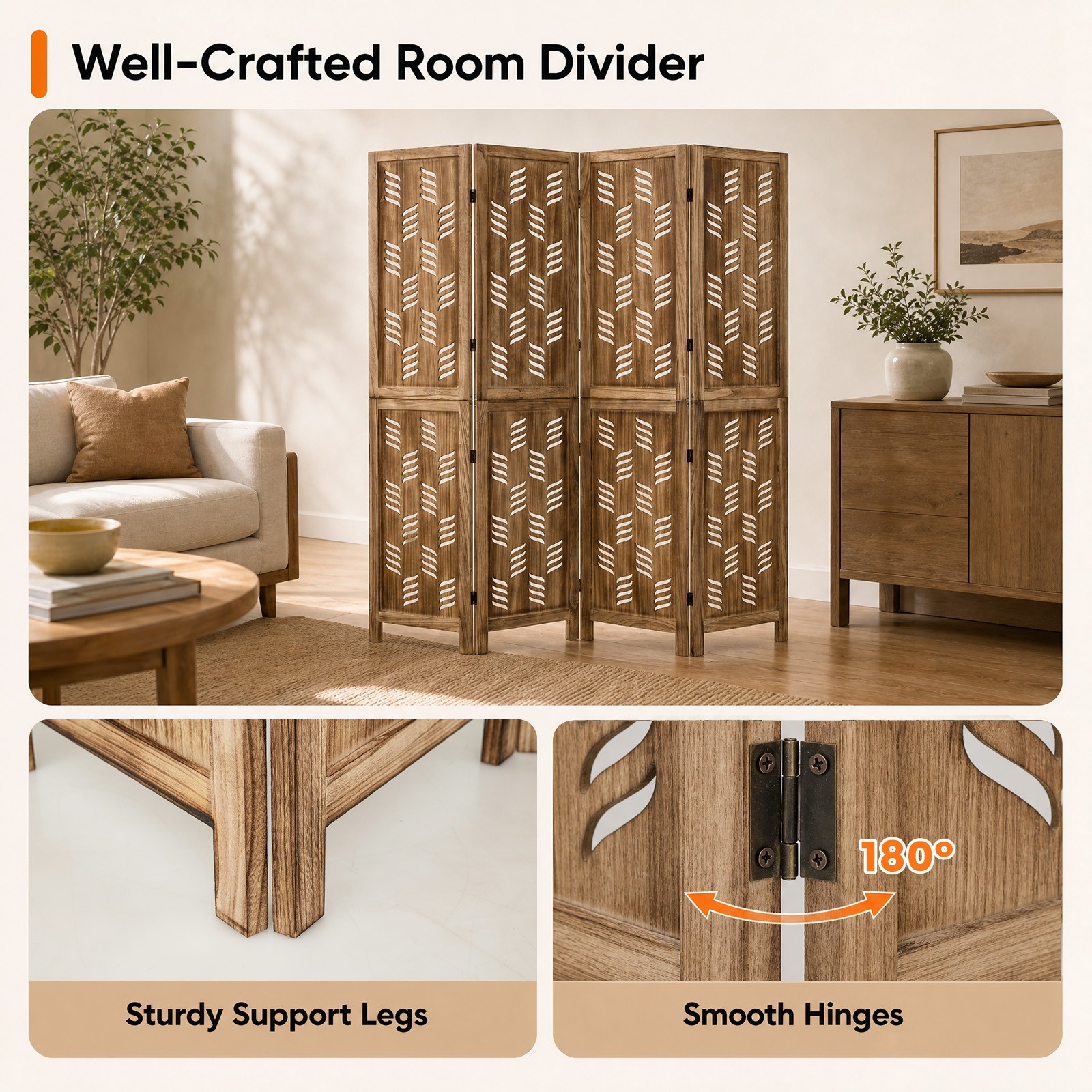 5.5 FT Tall Room Divider w/Paulownia Wood Frame Wave Cutout Pattern 2-Way Hinges