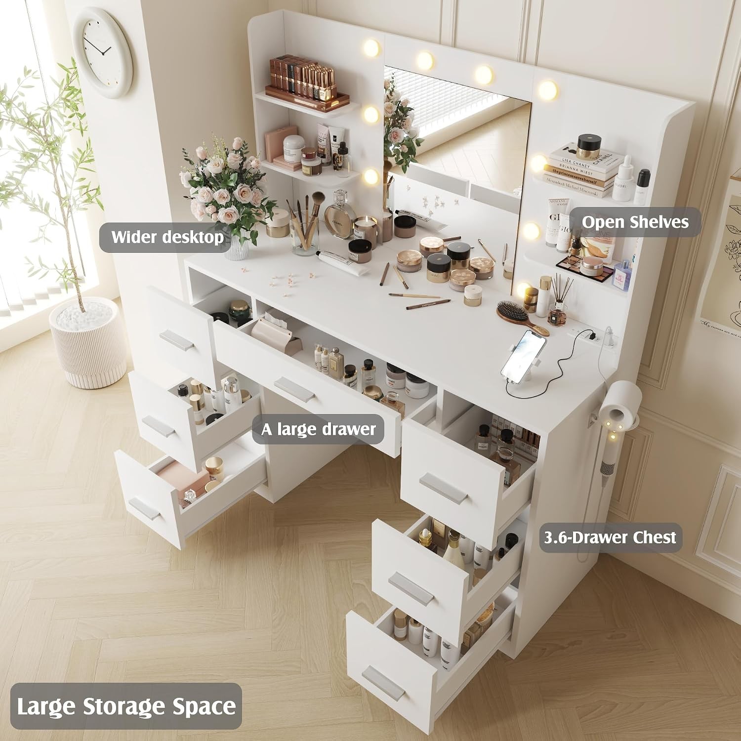 Vanity Desk with Mirror,Power Outlet and 10 Lights, Makeup Table with 7 Drawers