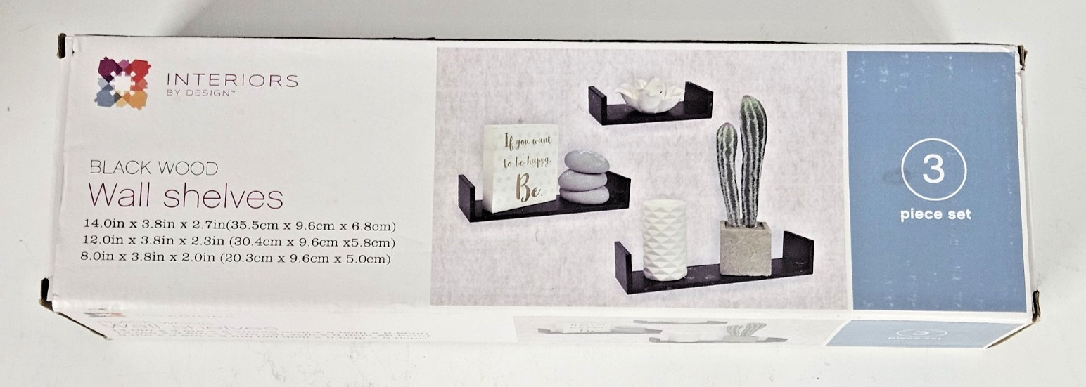 Interiors by Design Black Wood Wall Shelves 3 Pc Set Floating Shelf MDF