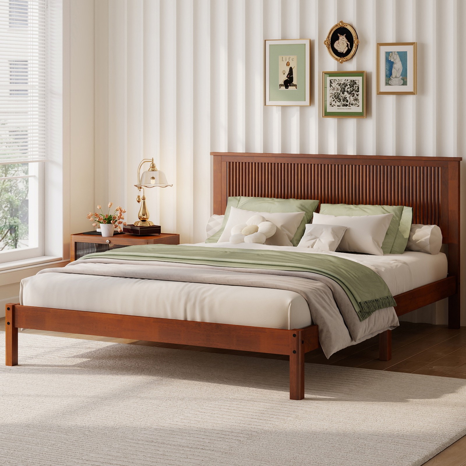Queen Size Solid Rubber Wood Bed Frame with Wave Headboard, Walnut