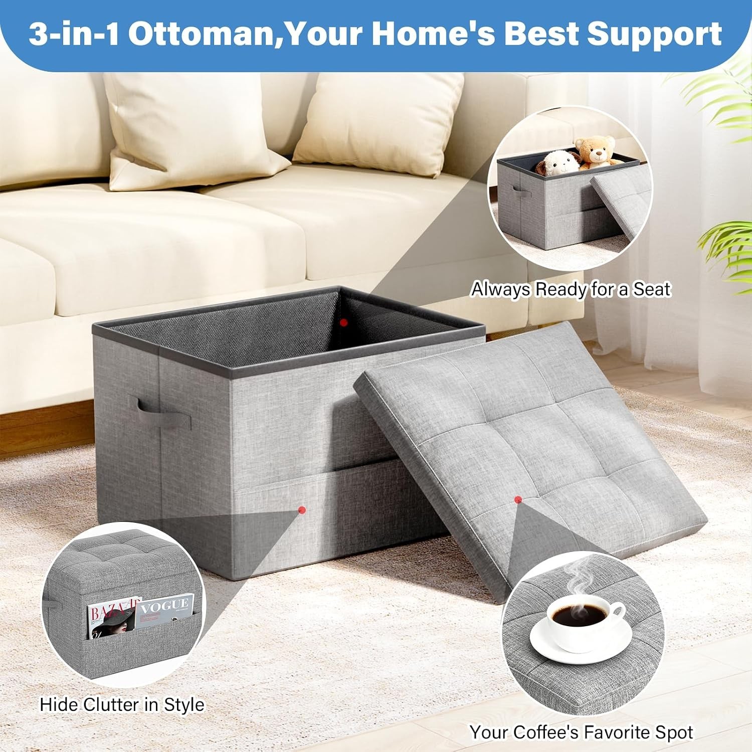 Storage Ottoman Foot Rest Stool, Holds Up to 350lbs, 43L, Foldable | Small Ot…