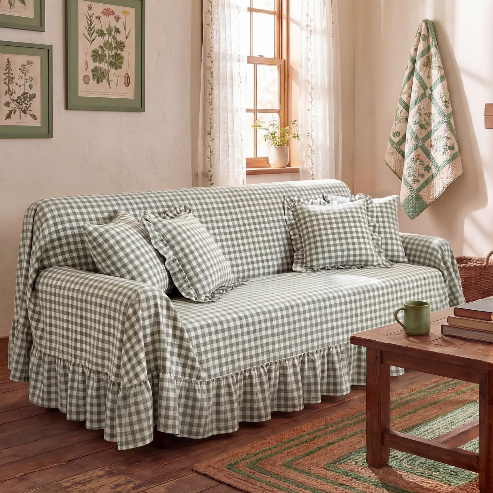 Gingham Couch Covers with Ruffle Cottage Core Couch Cover Washable Sofa Slipc…