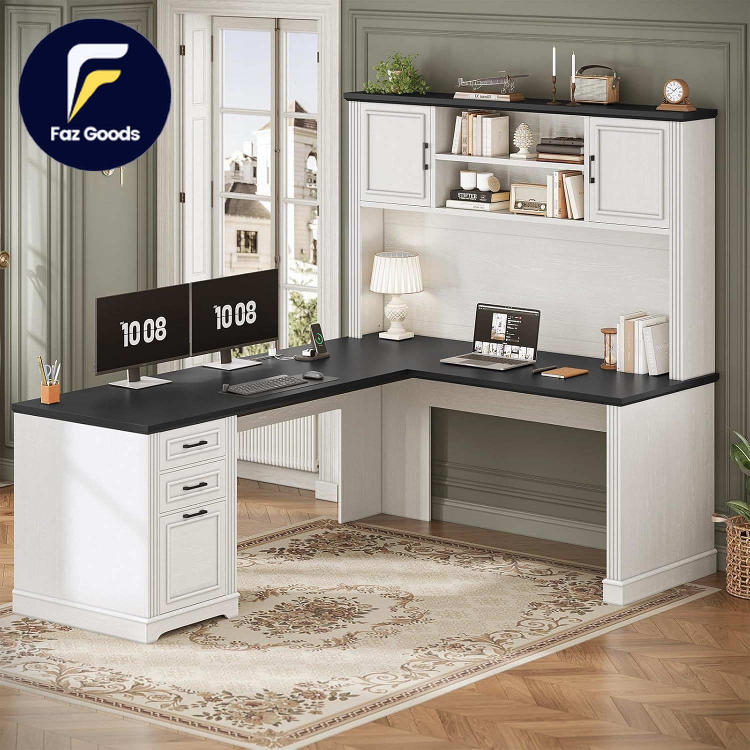 Farmhouse L Shaped Desk with Hutch and 3 Drawers 68.9″ Executive Office Desk NEW