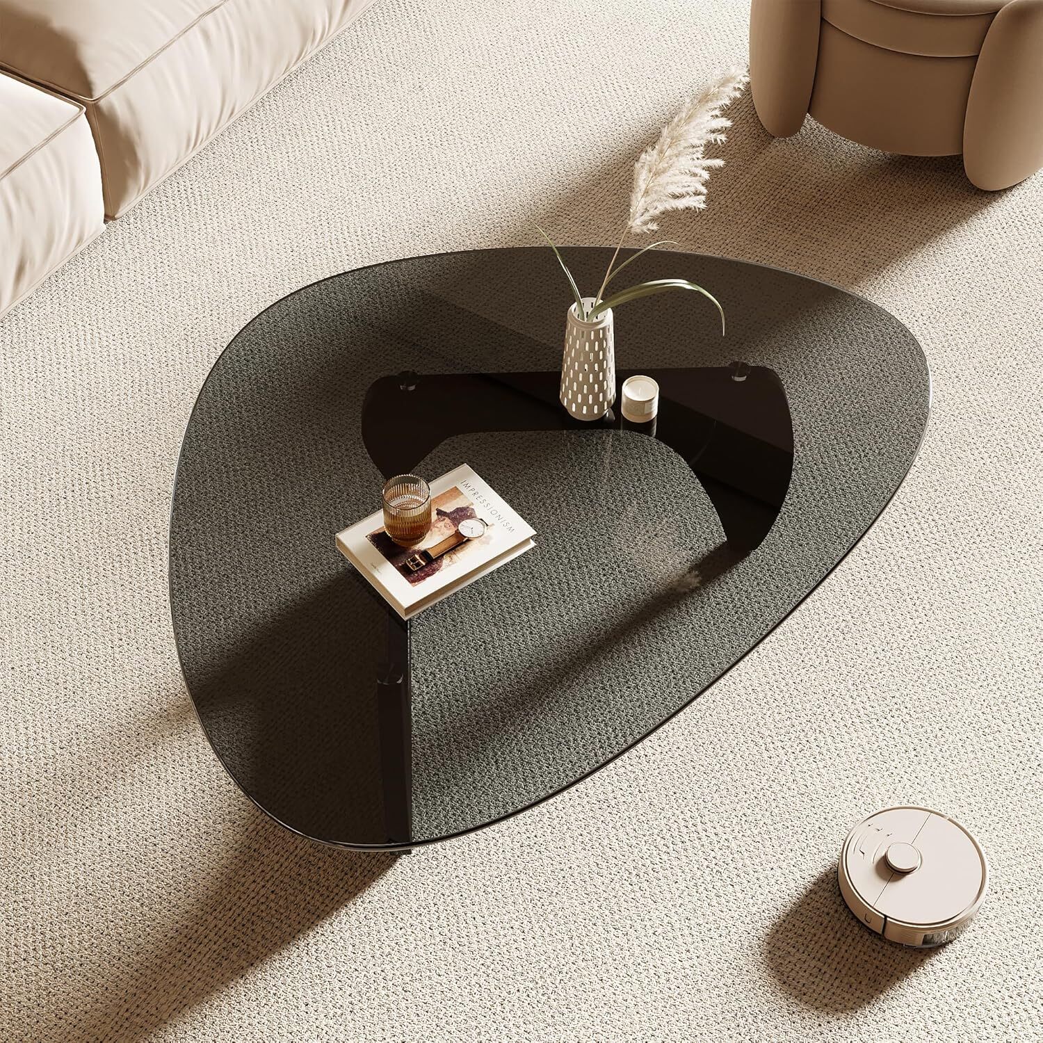 Modern Coffee Table Triangle Tempered Glass Top Black 42.5×28.5×16.1 Inches