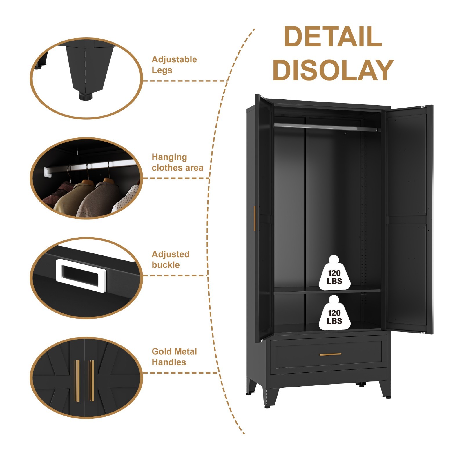 Metal armoire Wardrobe Closet with Hanging Rod,71” Metal Wardrobe Cabinet