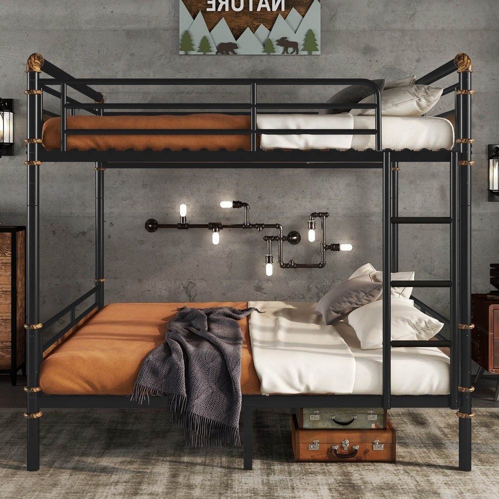 Industrial Queen Over Queen Metal Bunk Bed Detachable Frame Safety Guardrails