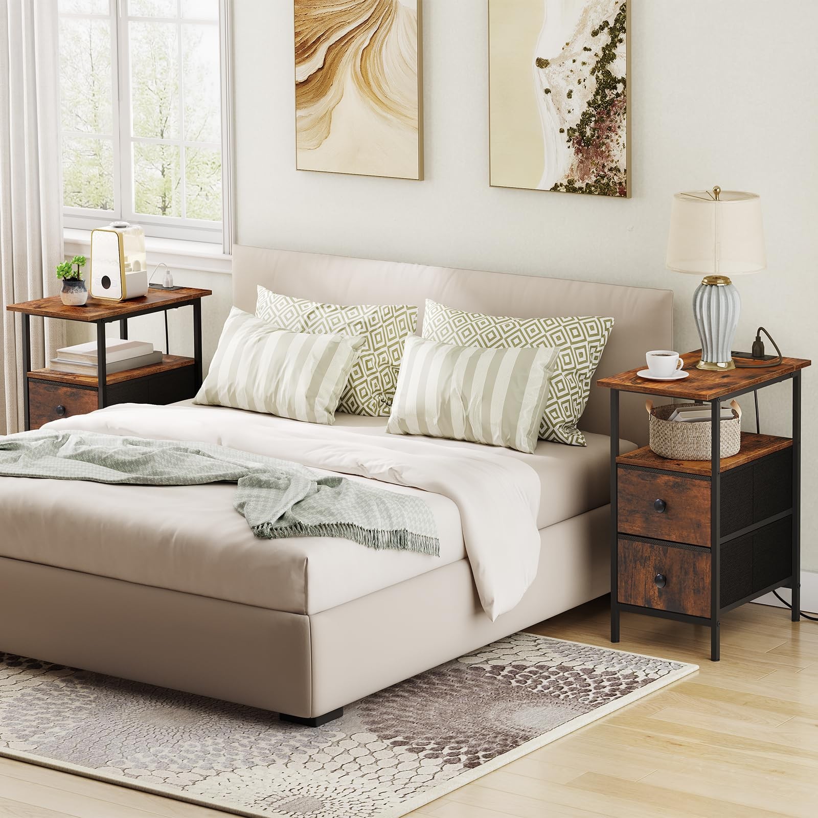 End Table with Charging Station, Narrow Nightstand, 2 Drawers, USB, Rustic Brown