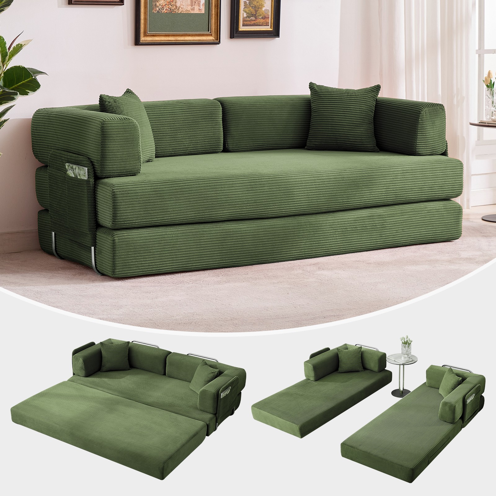 79″ Oversized 5-in-1 Convertible Corduroy Sleeper Folding Sofa Bed W/Pillows US