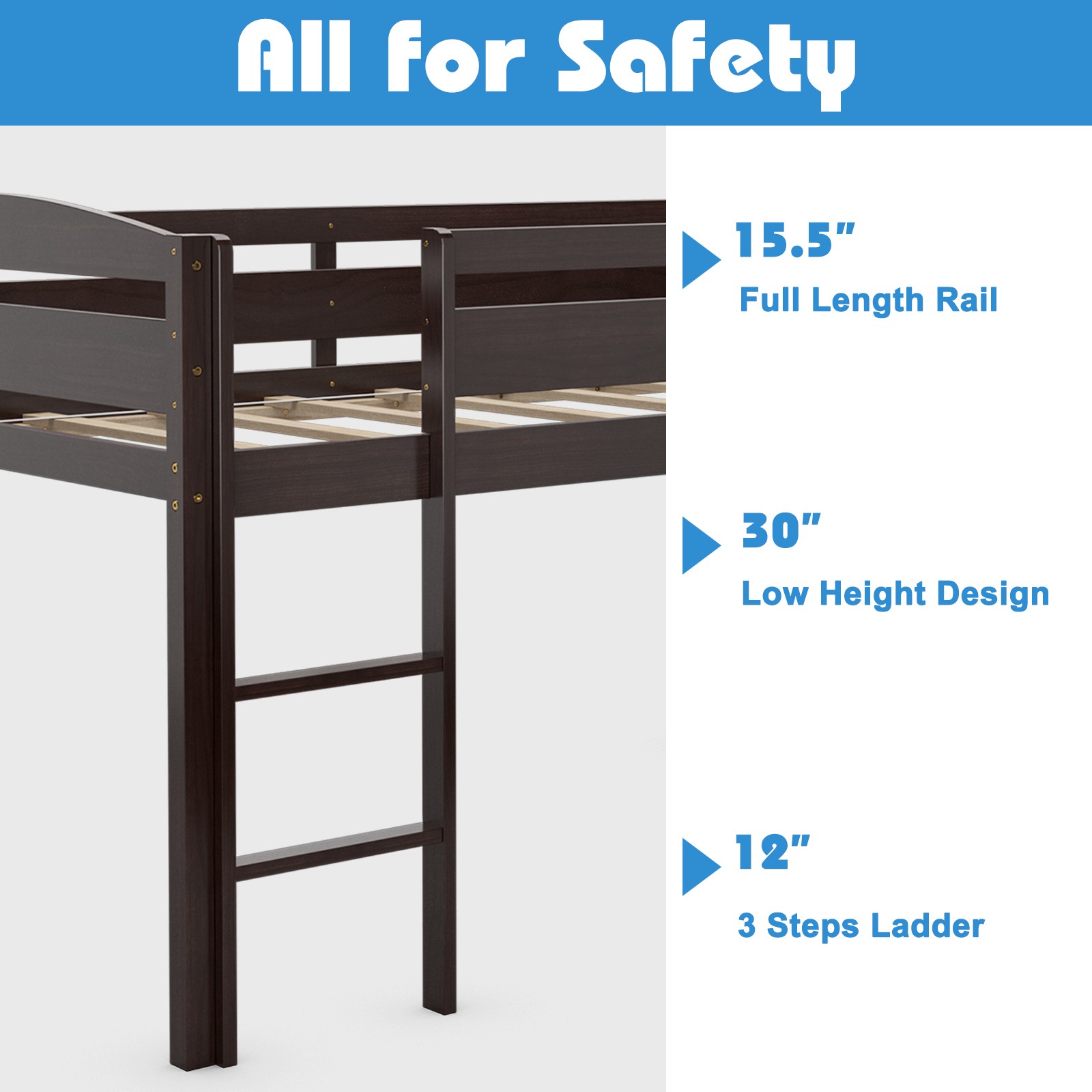 Costway Twin Low Loft Bunk Junior Bed Bedroom Wooden Guard Rail Ladder