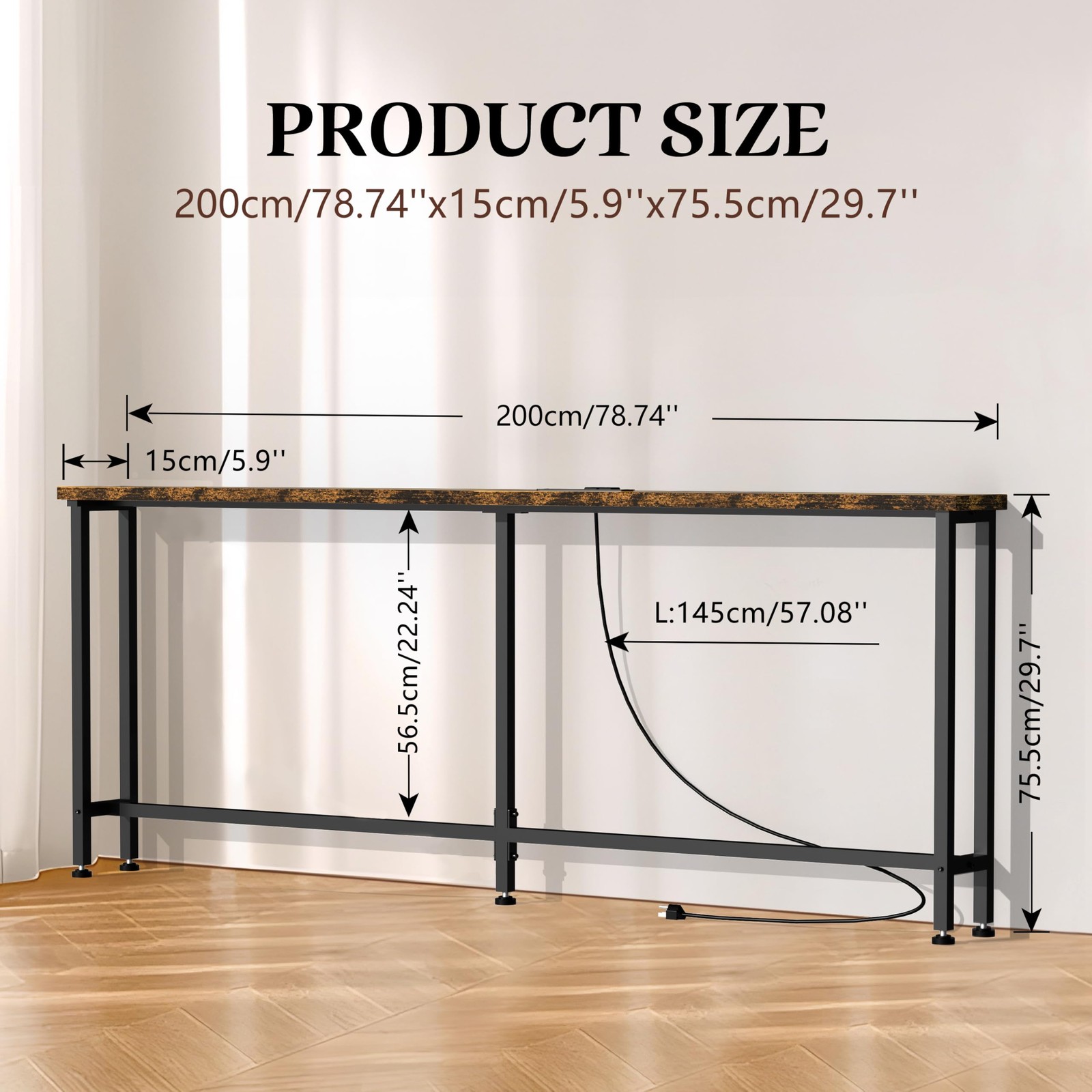 GRLEAF 78″ Sofa Table with Built-in Power Strip 78in, Rustic Brown (Regular)