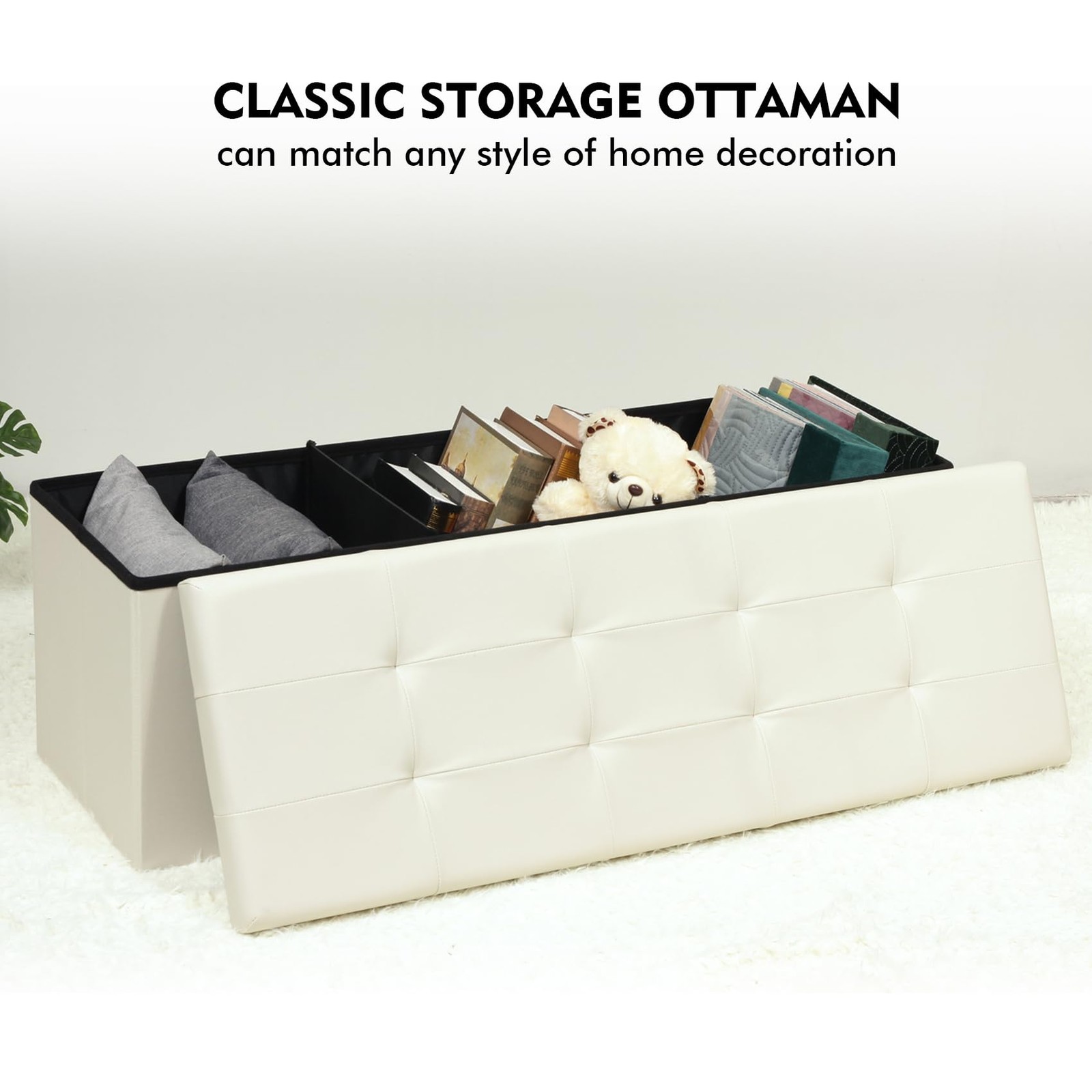 Folding Storage Ottoman Bench with Tray, 43.3inches Faux Leather Long Storage…