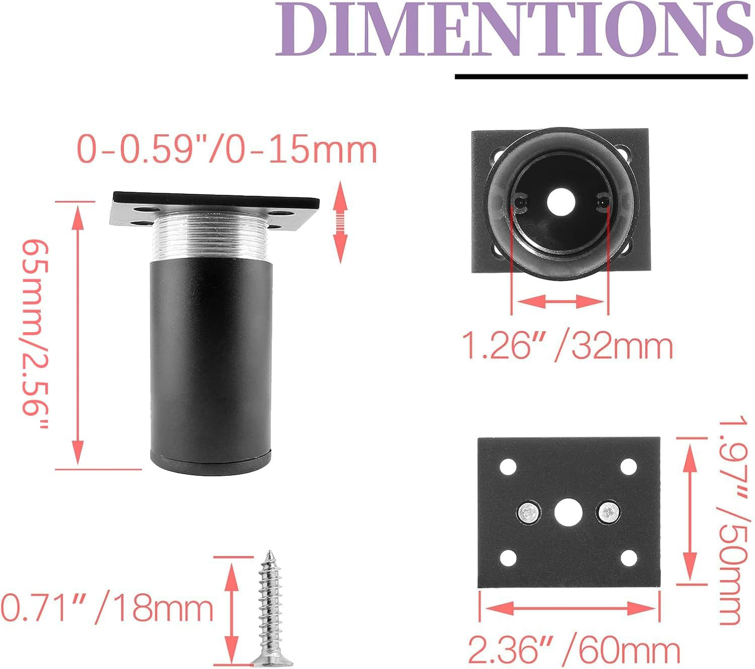 4 Pcs 2 Inch Adjustable Cabinet Legs Aluminum Alloy Furniture Metal Foot, Round