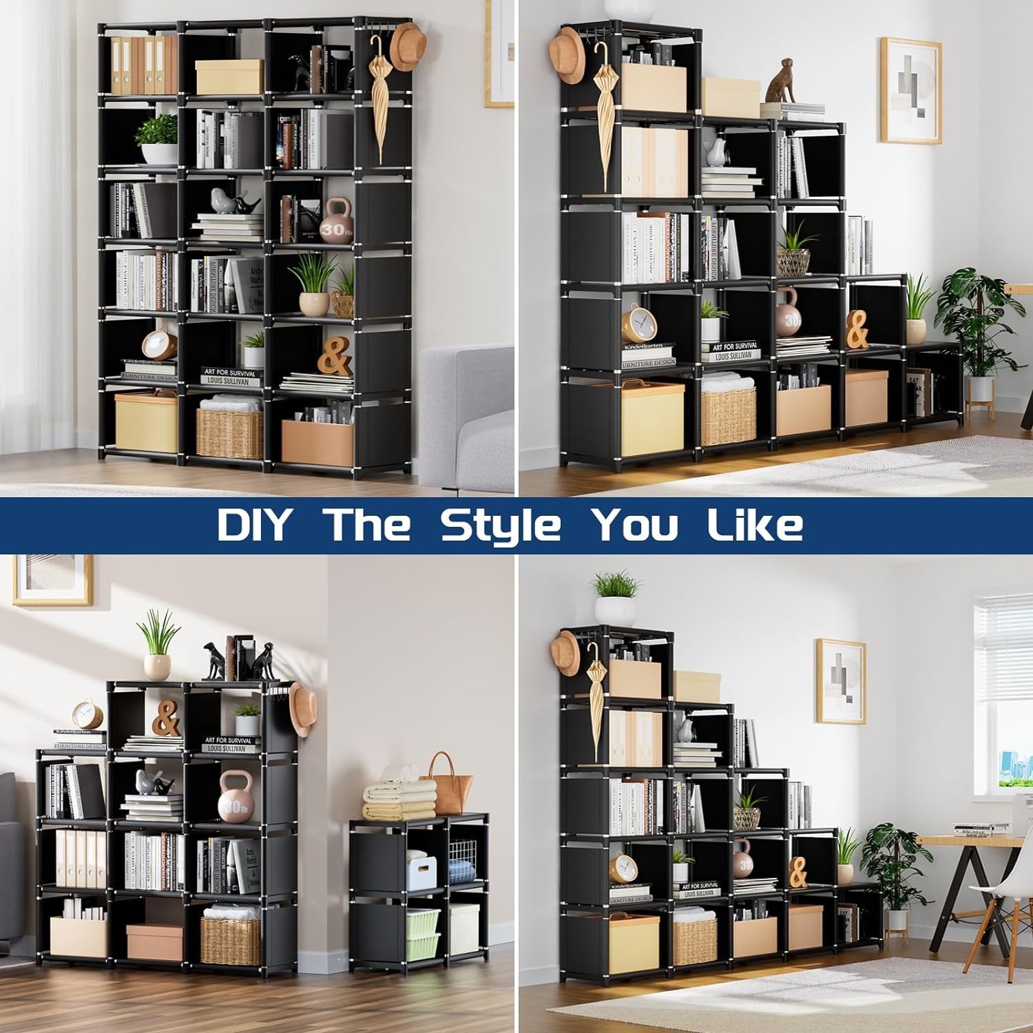 Versatile 18-Cube Black Storage Shelf – Easy Assembly for Bedroom and Office