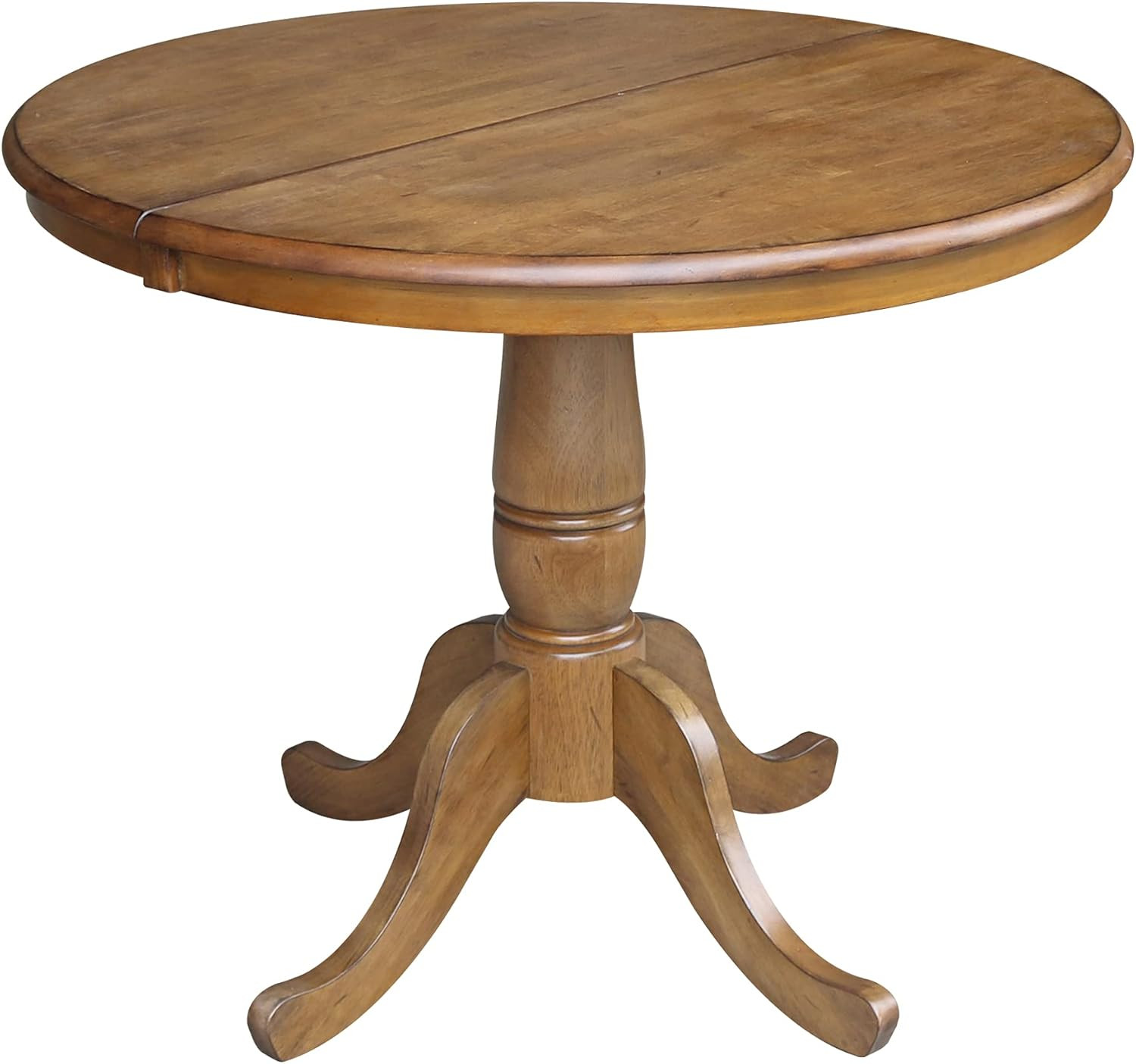 36″ Round Pecan Dining Table with Leaf – Elegant Pedestal Design, 28.9″ Height