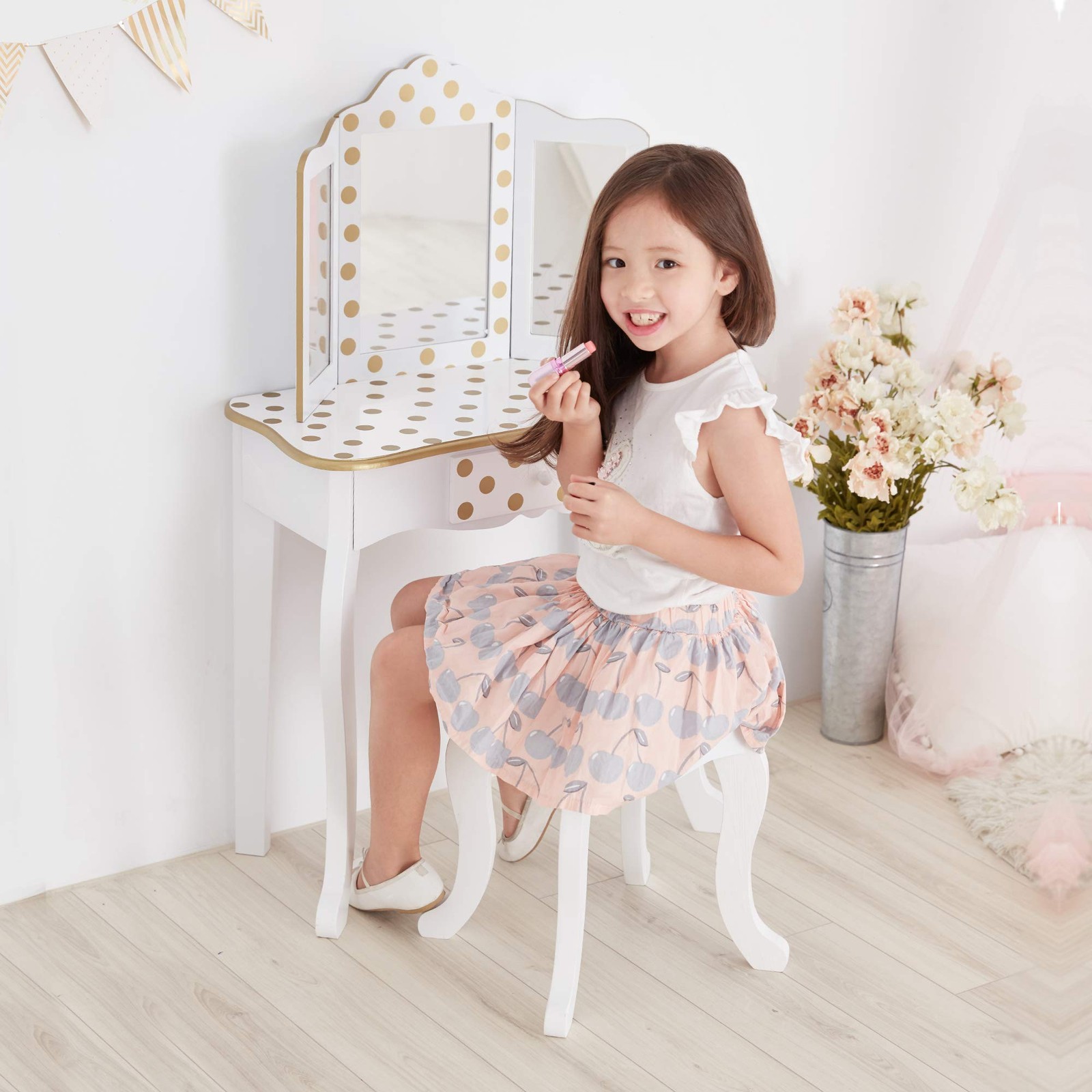 Princess Gisele Polka Dot Print 2-Piece Kids Wooden Play Vanity Set with Vani…