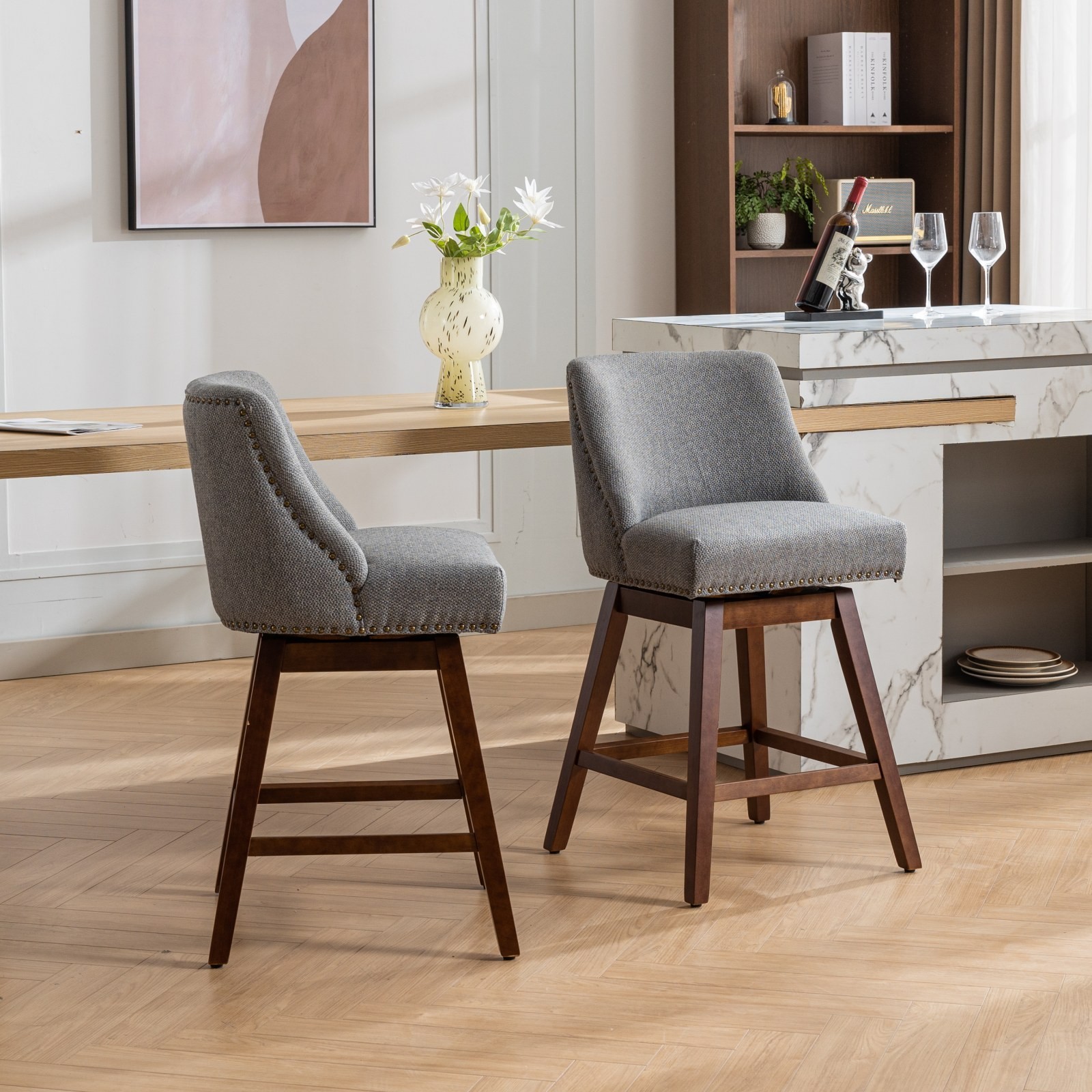 26″ Swivel Counter Height Bar Stools Chair Set of 2 Barstools Upholstered Wood