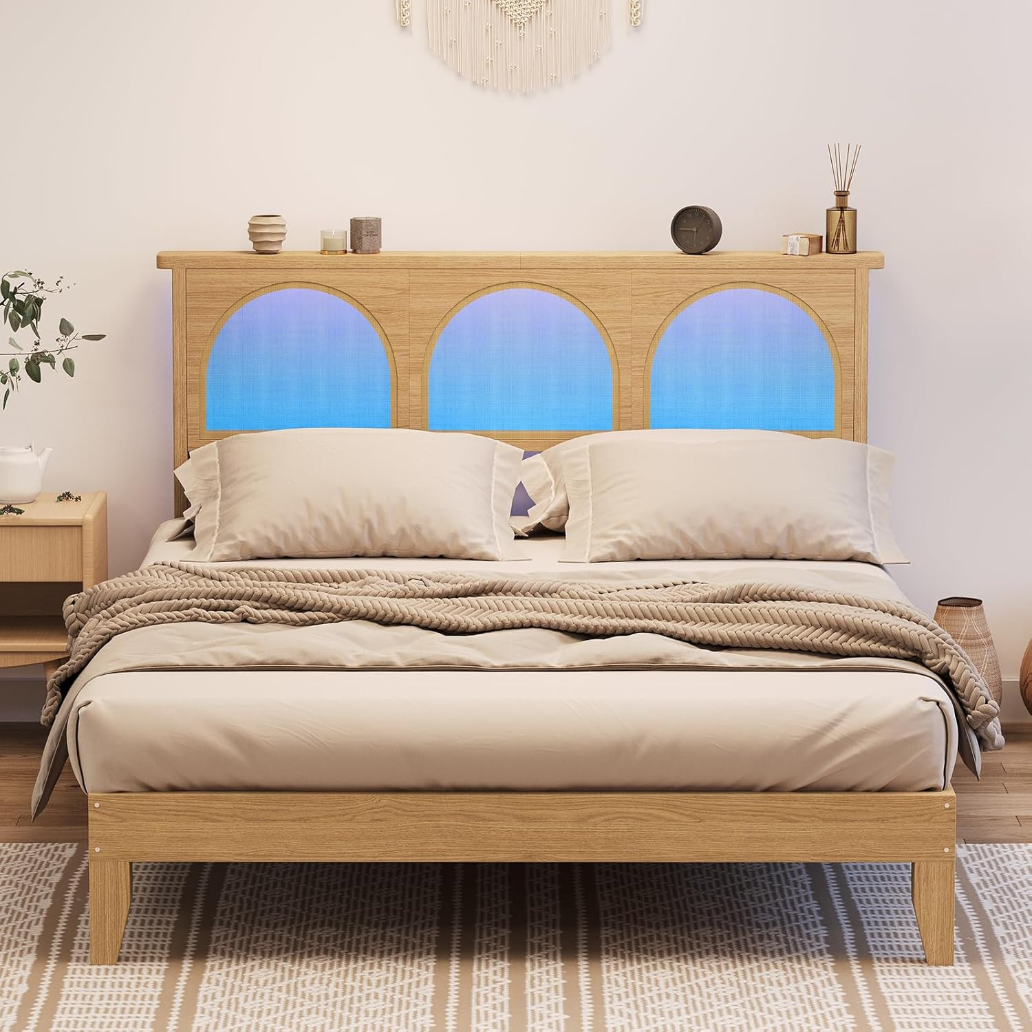 Rustic Rattan Bed Frame with LED Lights, Easy Assembly, No Box Spring Needed