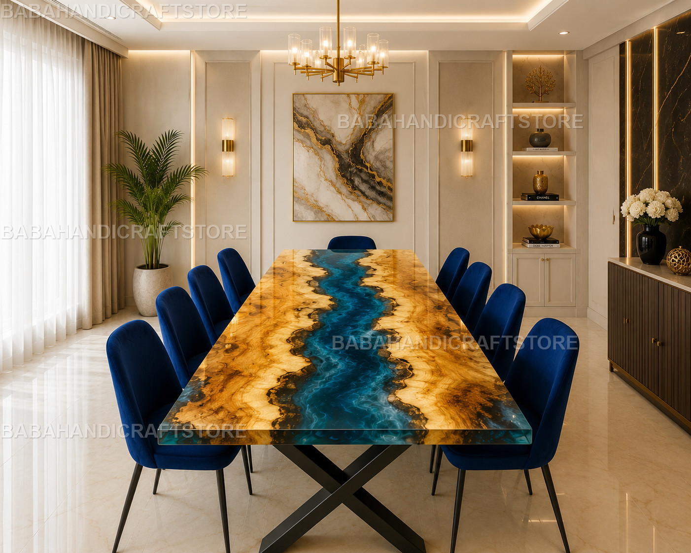 Luxury Live Edge Wood Blue Epoxy River Dining Table Handmade Custom Furniture