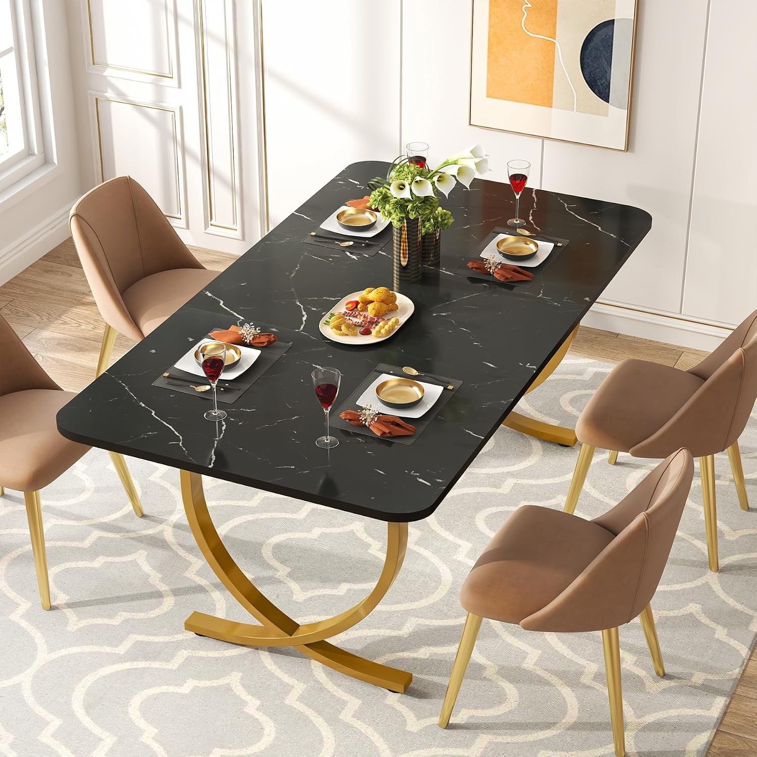 63 Inches Rectangular Dining Table for 4-6, Modern Kitchen Table with Metal Legs
