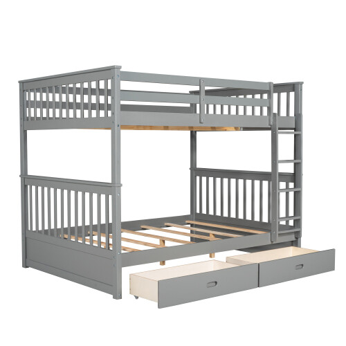 Full Over Full Bunk Bed W/ Storage Drawers Wood Platform Beds Bedroom Furniture