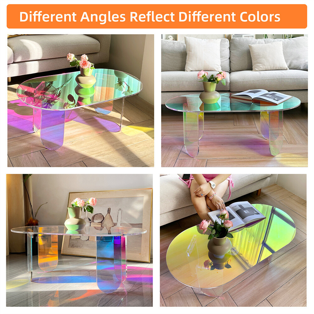 Clear Iridescent Side Table Oval Lucite Coffee Tables for Home Office Reception