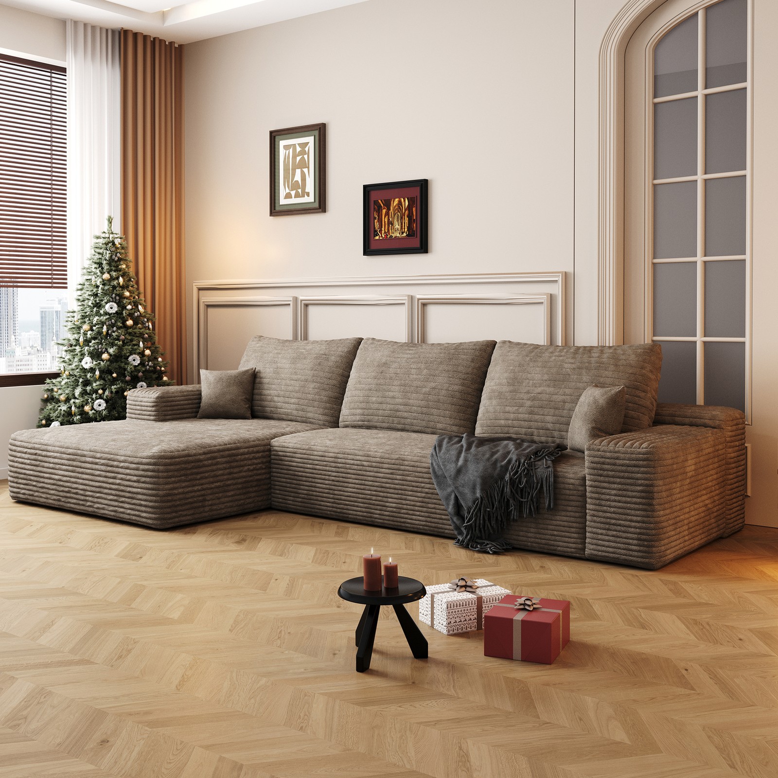 107″ L-Shape Chaise Sectional Sofa, Modular Cloud Couch, Camel Corduroy