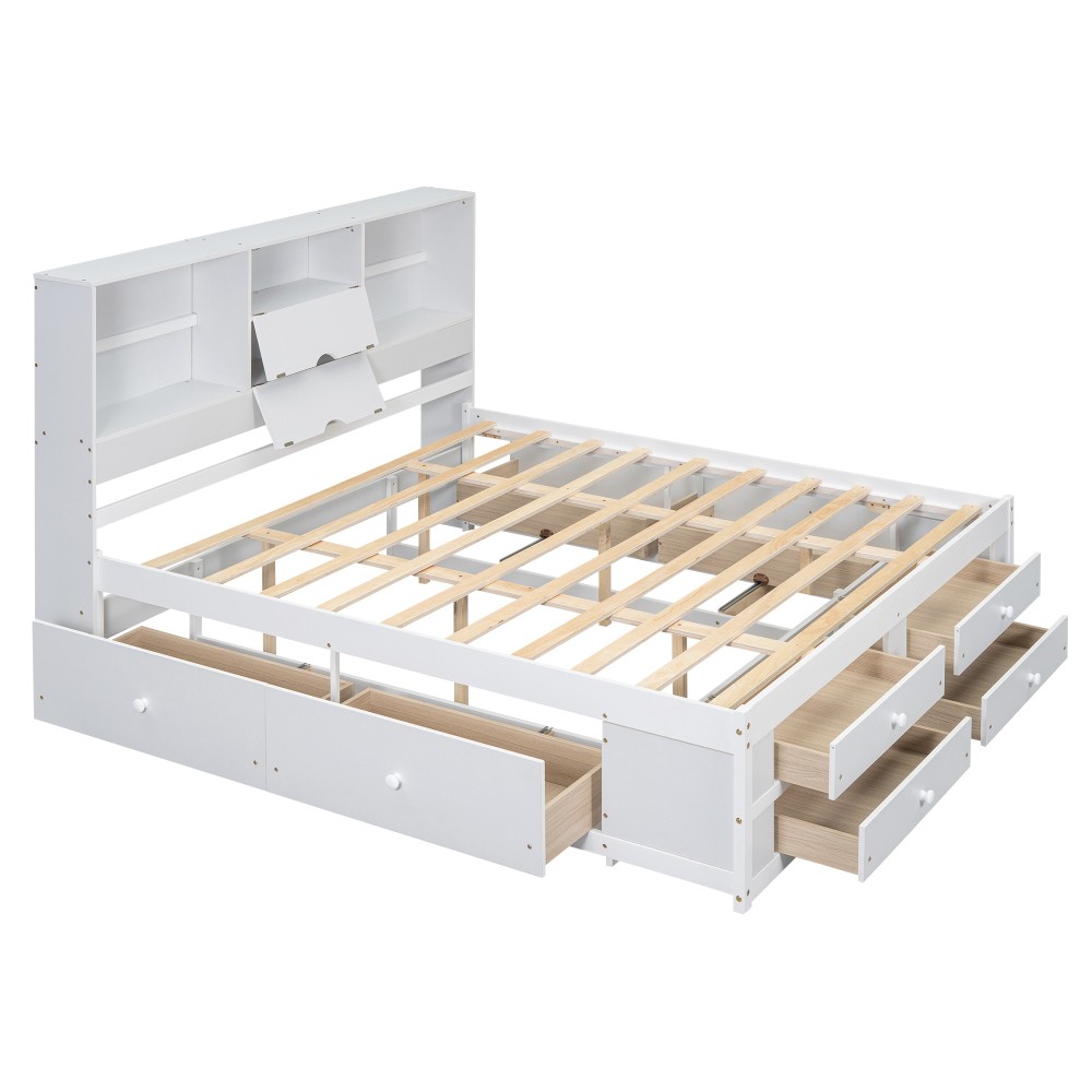 King Size Platform Bed with Storage Headboard and 8 Drawers, White / Gray