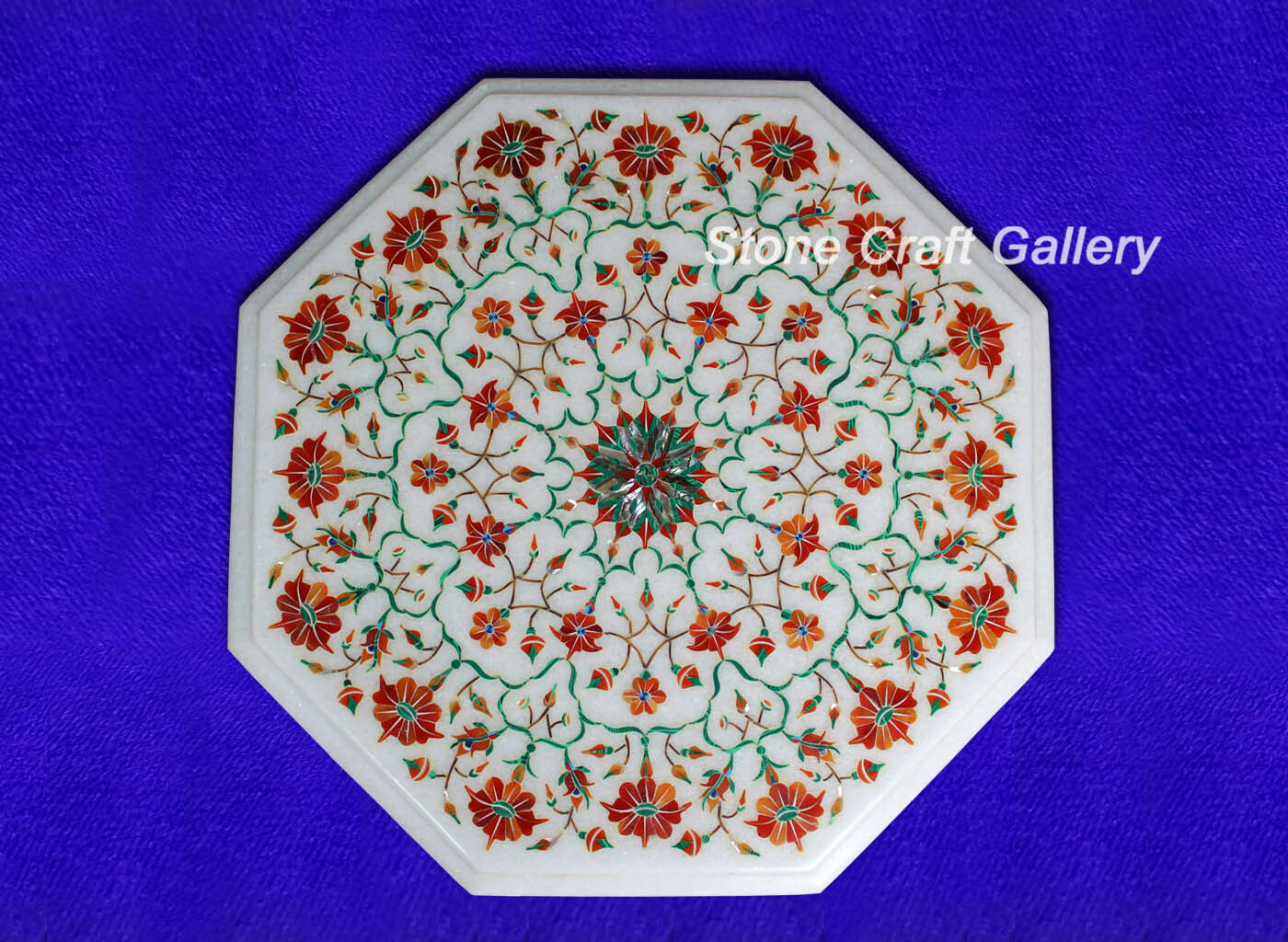 15″ Marble Corner Table top handmade Carnelian inlay semi precious stone Work