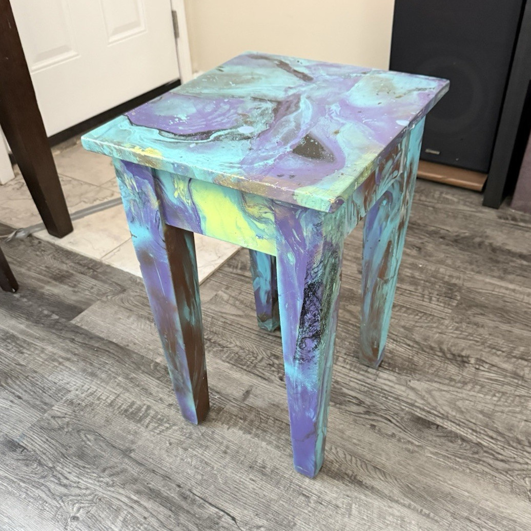 Hand-Painted Abstract Multicolor Square Wood End/Side Table 15x17x24 in