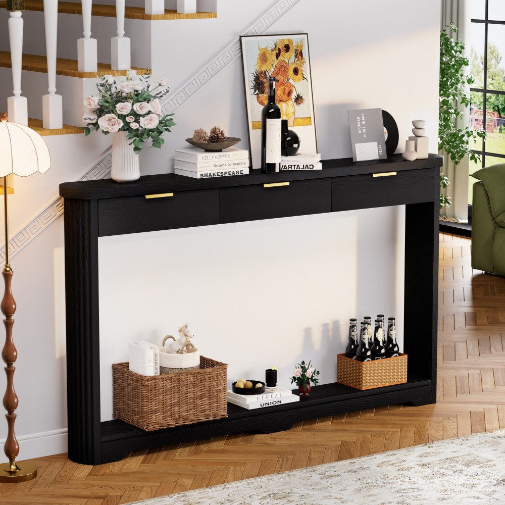 70.1″ Wavy-Patterned Storage Table with Drawers; a slim wooden side table