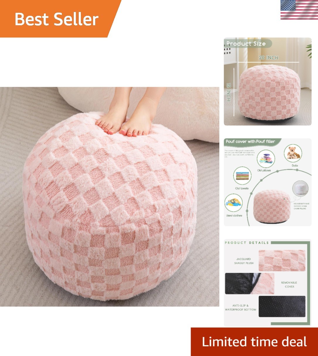 Round Stuffed Pouf Ottoman, Plaid Poufs with Foam Chunk Filling, Fluffy and F…
