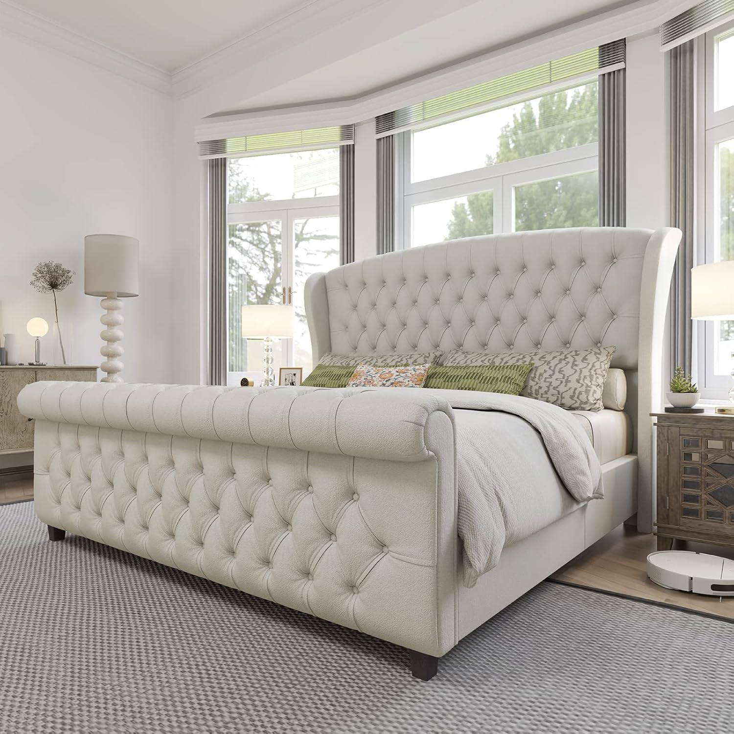 King Size Platform Bed Frame, Chenille Upholstered Sleigh Bed with Scroll Wingba