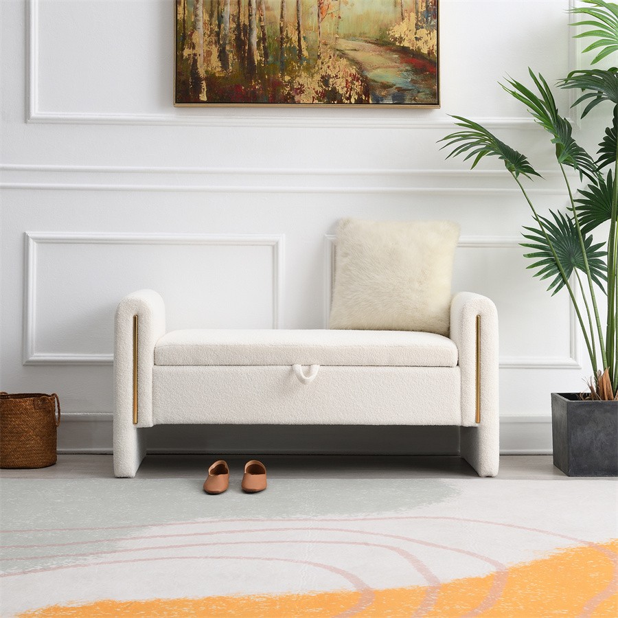 Modern Teddy Bed End Bench with Arms and Storage Comfy Window Vanity BenchCream