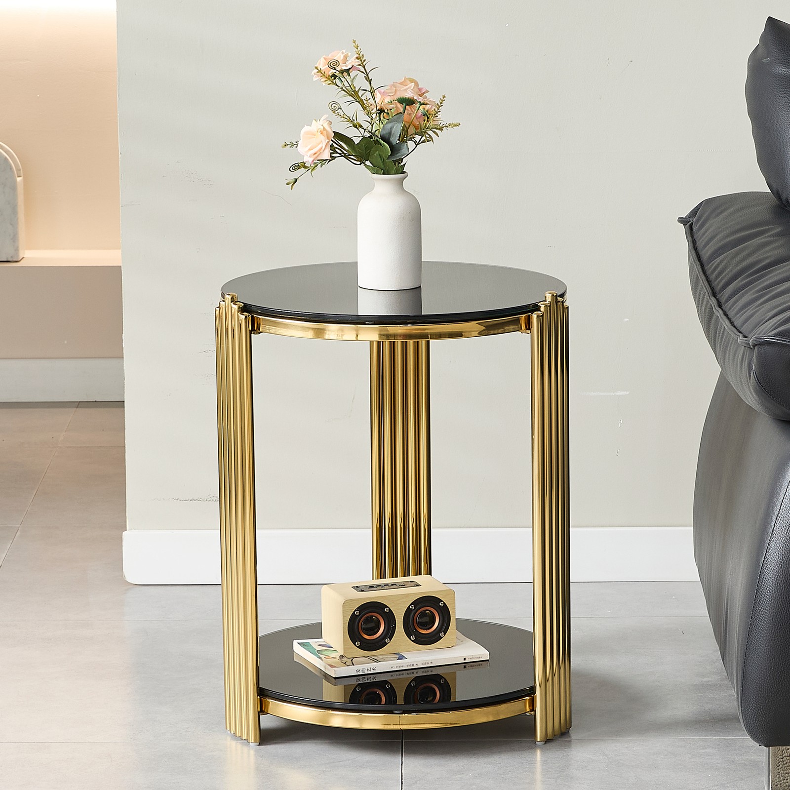 16.9in Round End SideTable Double-Layer Black Glass Gold Stainless Steel Frame