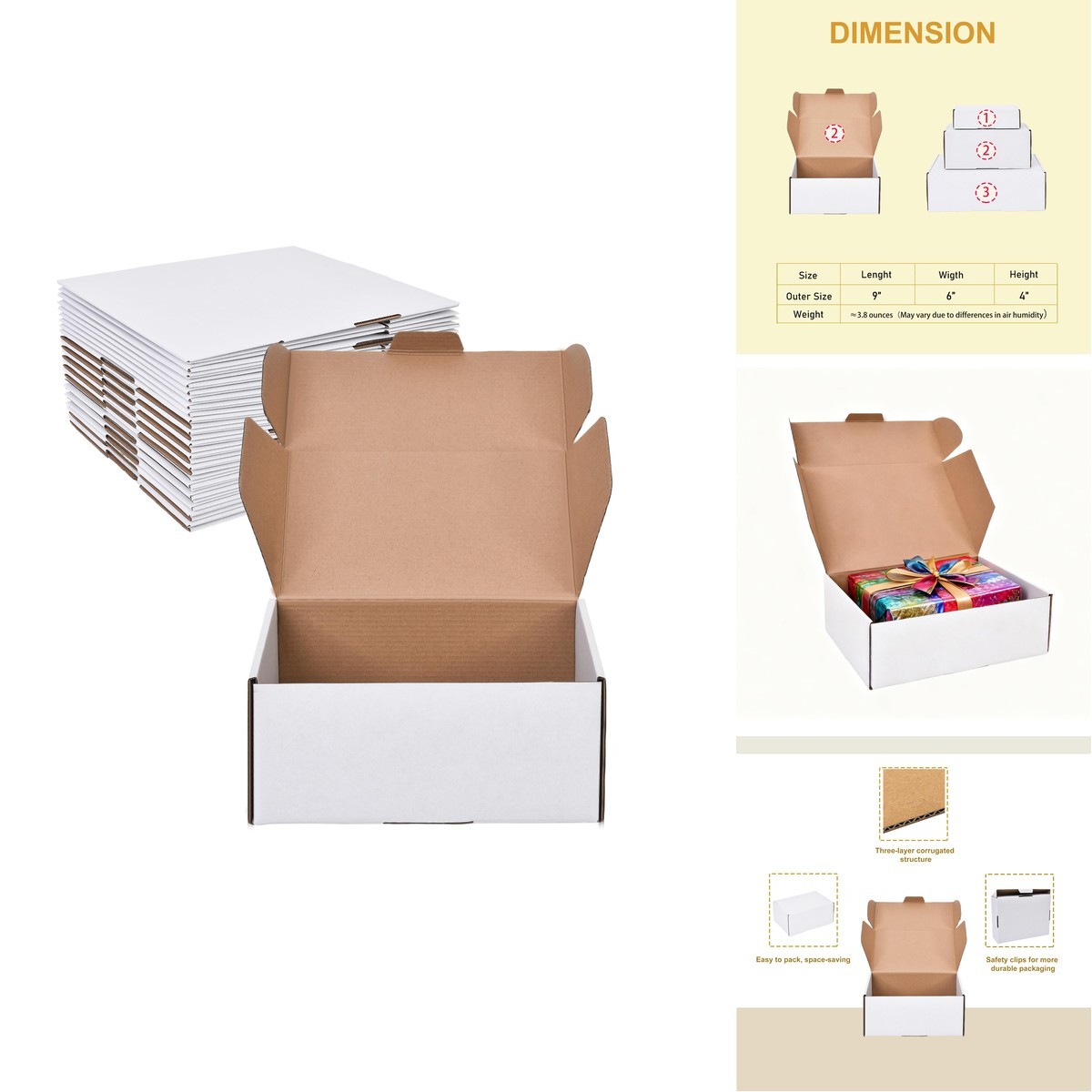 WINHPH 9x6x4 Inches White Corrugated Box Set of 15